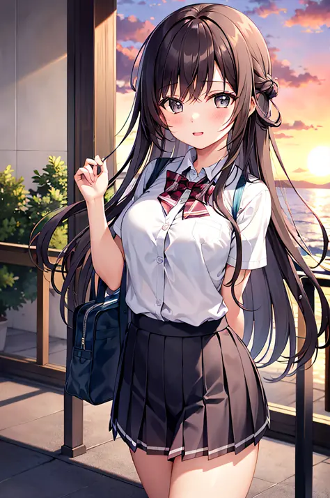 {masterpiece}, {highest quality},1 girl,school_uniform,sunset