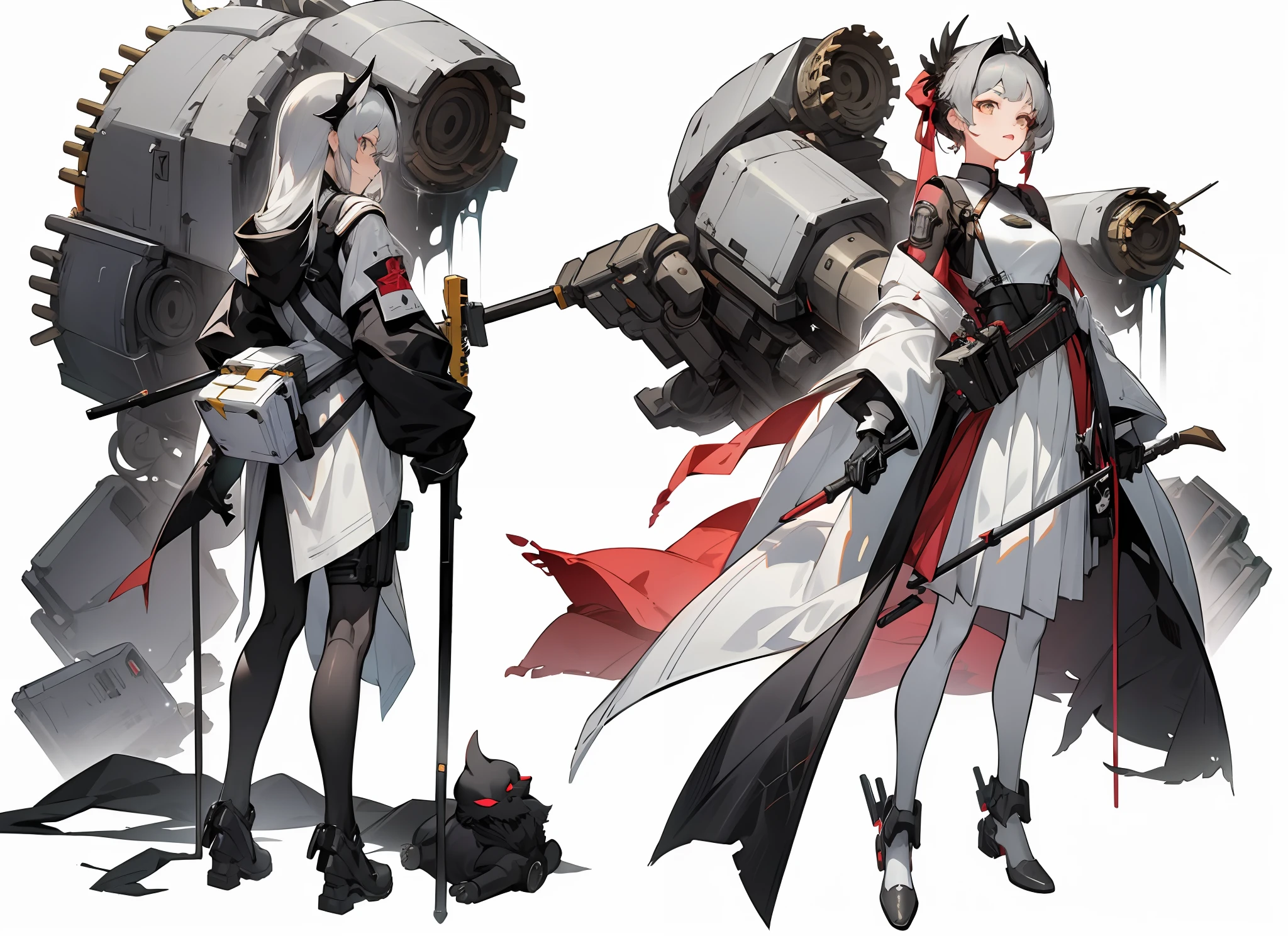 A full-body close-up of wearing a lily element white dress pleated long skirt battle suit holding a long mechanical staff in both hands, character design, sides, back, mechanical legs, high-grade off-white as the main color, Punishing: Gray Raven, from Ark Night, Guvitz, from Punishing: Gray Raven, Girl Frontline style, Girls Frontline universe, inspired by Leng Mei, Kusart Krenz key art feminization, 7.5 head body, mechanical prosthetics, celluloid coloring style, white background, weaken coloring effect,