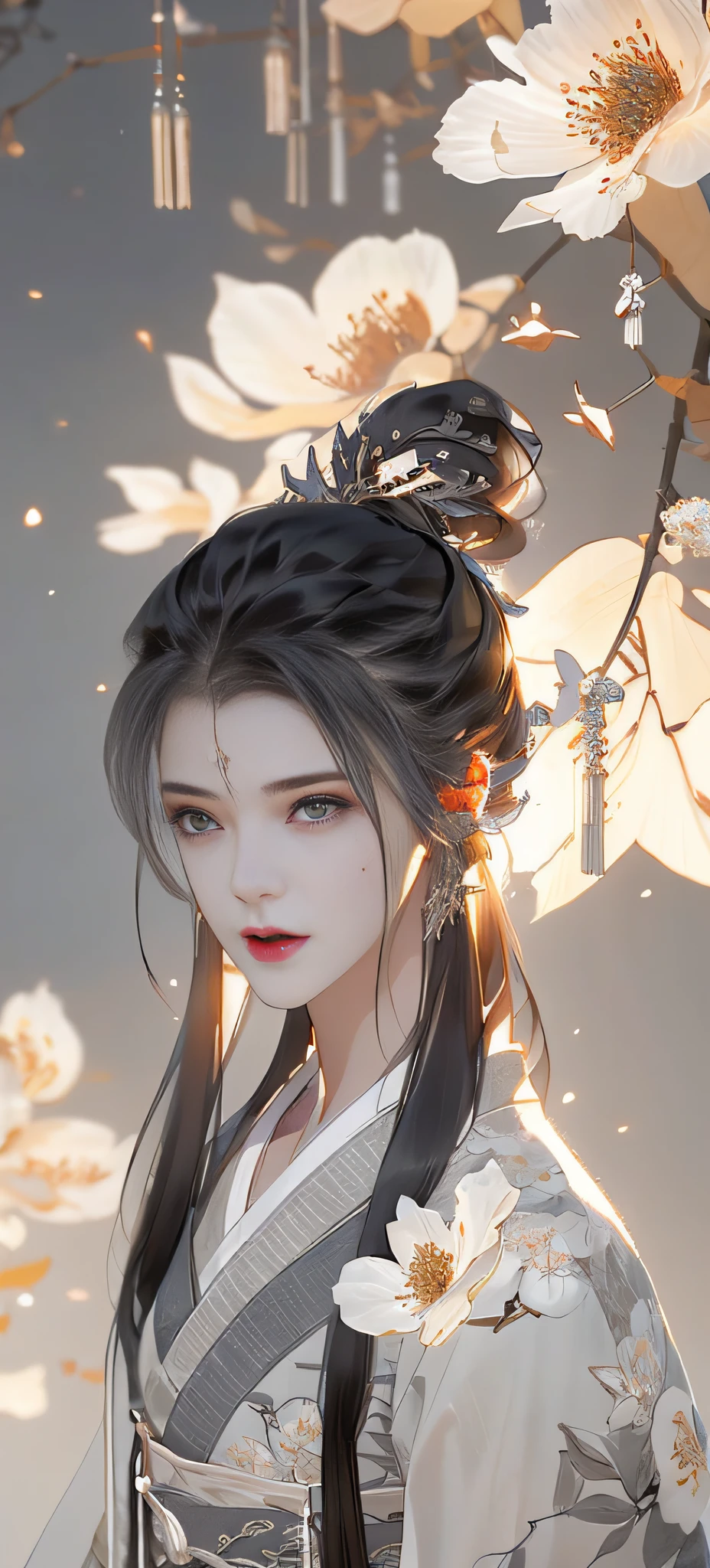 beautiful details for girls, very detailed eyes and faces, beautiful eye details, super detailed, high resolution, very detailed, best quality, illustrations, amazing, exquisite details with gray hair, best quality, very detailed CG, 8k wallpaper, a woman, woods, long black hair, ponytail, hanfu girl, flowers