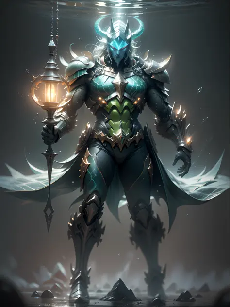 Has Aquaman fork ghost ocean warrior, super cool ghost ocean warrior, has huge fork, sea god, green fork, fork, wearing blue mechanical armor, water flow flying column, swinging fork pose, imposing walking, positive perspective, perfect body proportions, t...