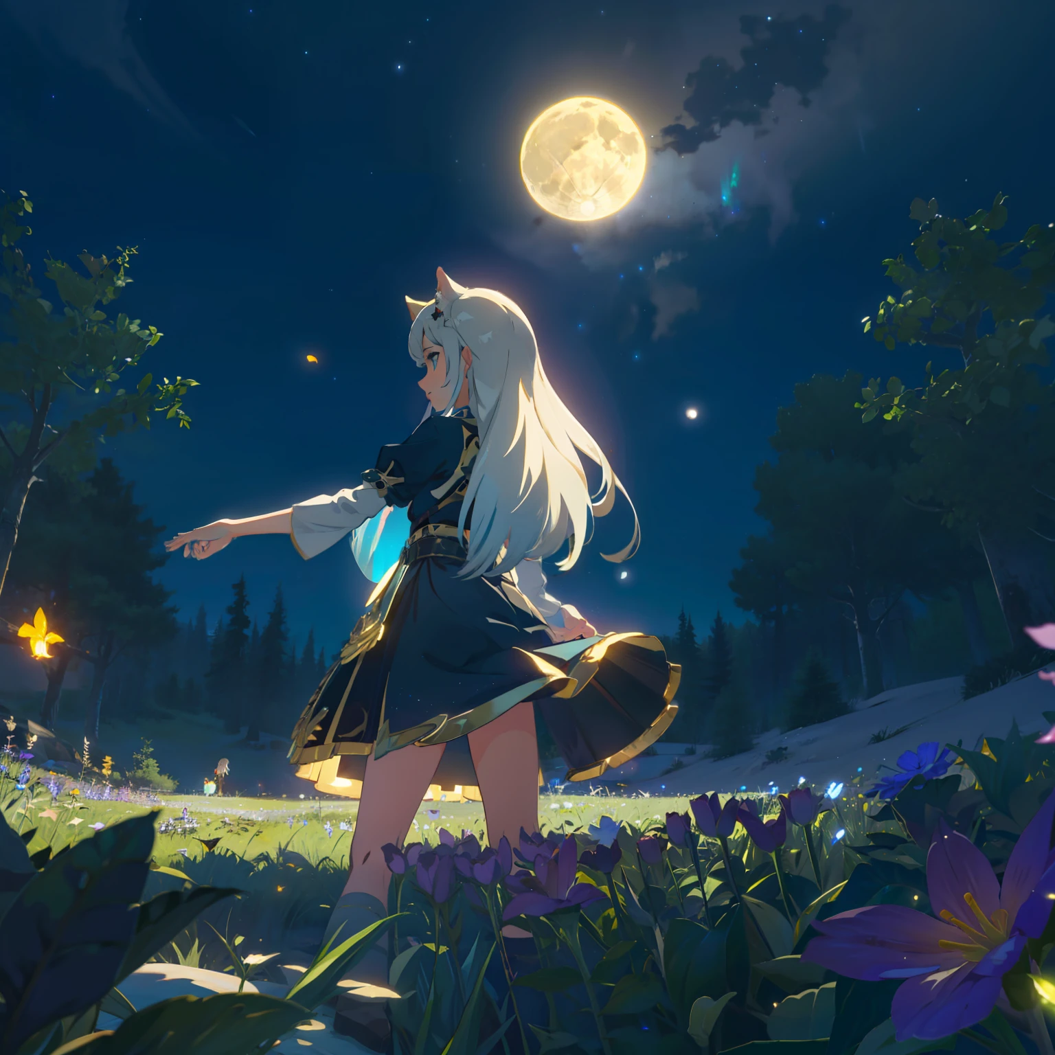 Spacious Landscape , (Looking Up and Down), Girl Standing in Flower Garden Looking Up, (Full Moon:1.2), ( Shooting Star:0.9), (Nebula:1.3), Starry Sky, White Flower Field, Shining Flower Field, Fantastic Flower Field, Trees , (Warm Light Source:1.2), (Firefly:1.2), Lamp, Orange and Blue mostly fine details, (Masterpiece:1.2), (Top Quality), 4k, Ultra Fine Detail, (Dynamic Composition:1.4), (Masterpiece: 1.2), (Top Quality), Lamp, Orange and Blue mostly fine details Voluminous Lighting BREAK (Masterpiece:1. 2), (Top Quality), 4k, Ultra-Detailed, (Dynamic Composition:1.4), Very Fine Detail, Colorful Detail, ( Iridescent:1.2), (Luminous Lighting, Ambient Lighting), Dreamlike, Fantastic, (Solo:1.2) Glitter, sparkle, petals dancing, dancing light, white hair, beautiful hair, long hair, cat ears, back view, water effect, soap bubbles, pose, large lace sleeve