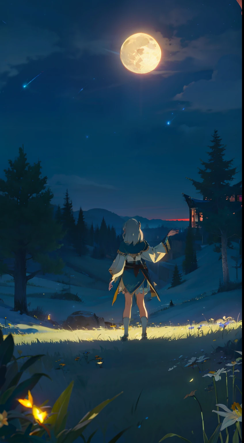 Spacious Landscape , (Looking Up and Down), Girl Standing in Flower Garden Looking Up, (Full Moon:1.2), ( Shooting Star:0.9), (Nebula:1.3), Starry Sky, White Flower Field, Shining Flower Field, Fantastic Flower Field, Trees , (Warm Light Source:1.2), (Firefly:1.2), Lamp, Orange and Blue mostly fine details, (Masterpiece:1.2), (Top Quality), 4k, Ultra Fine Detail, (Dynamic Composition:1.4), (Masterpiece: 1.2), (Top Quality), Lamp, Orange and Blue mostly fine details Voluminous Lighting BREAK (Masterpiece:1. 2), (Top Quality), 4k, Ultra-Detailed, (Dynamic Composition:1.4), Very Fine Detail, Colorful Detail, ( Iridescent:1.2), (Luminous Lighting, Ambient Lighting), Dreamlike, Fantastic, (Solo:1.2) Glitter, sparkle, petals dancing, dancing light, white hair, beautiful hair, long hair, cat ears, back view, water effect, soap bubbles, pose, large lace sleeve