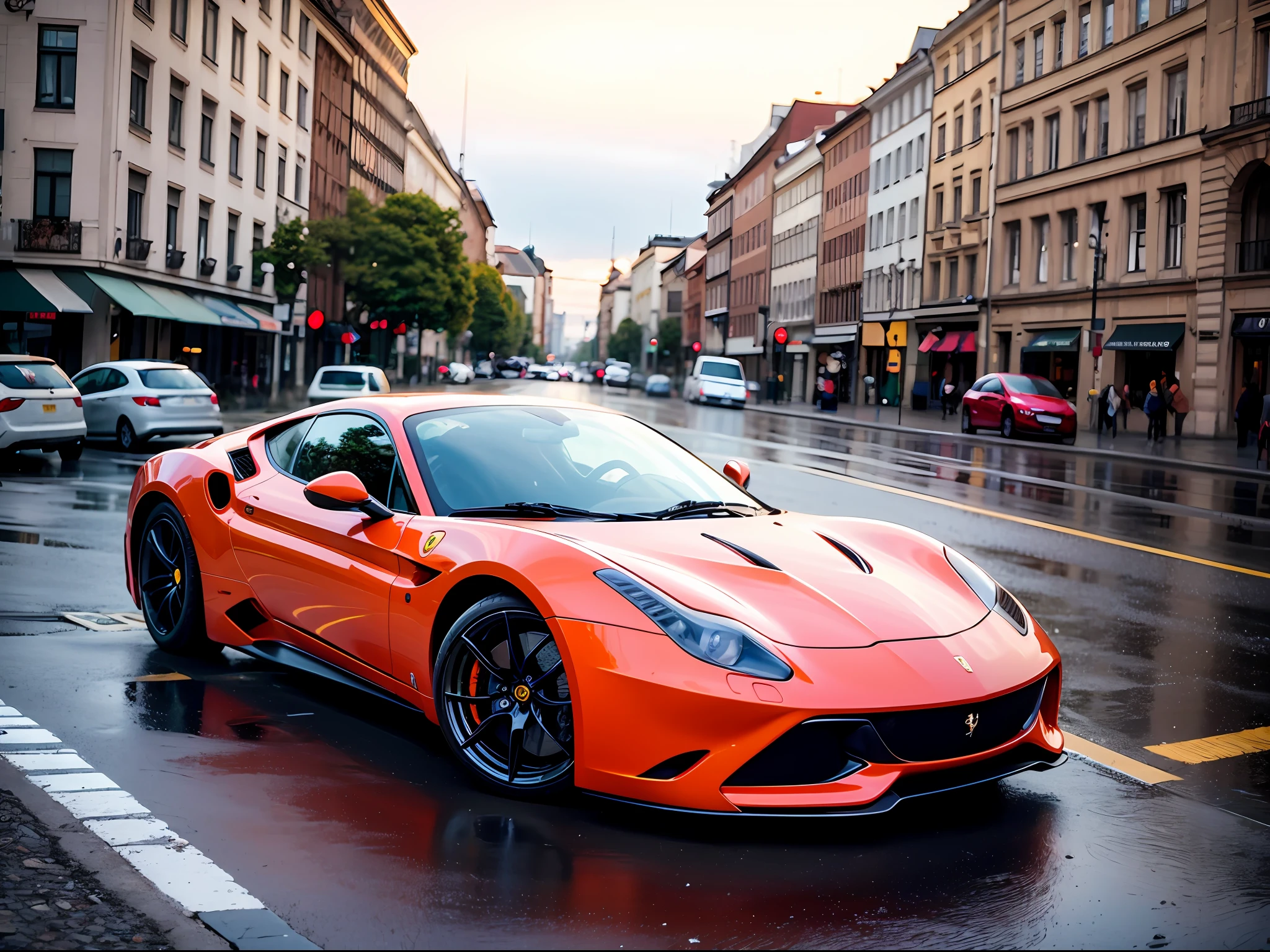 Eine realistische Abbildung eines BFerrari Daytona SP3 in Berlin, Deutschland. Mittagszeit und Regenwetter. Extrem detailliert, 8K, HDR, Octane Render, Rotverschiebung, Unwirkliche Engine 5. professionell farbkorrigiert, Atmosphäre, erstaunliche Tiefe, Satte Farben, kraftvolle Bilder, psychedelische Obertöne, 4K, 8K.