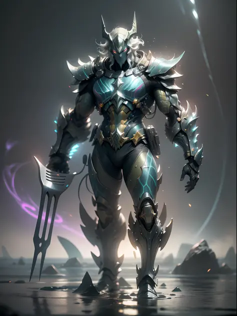 Has Aquaman fork ghost ocean warrior, super cool ghost ocean warrior, has huge fork, sea god, purple fork, fork, wearing purple mechanical armor, water flow flying column, swing fork pose, imposing walking, positive perspective, perfect body proportions, t...