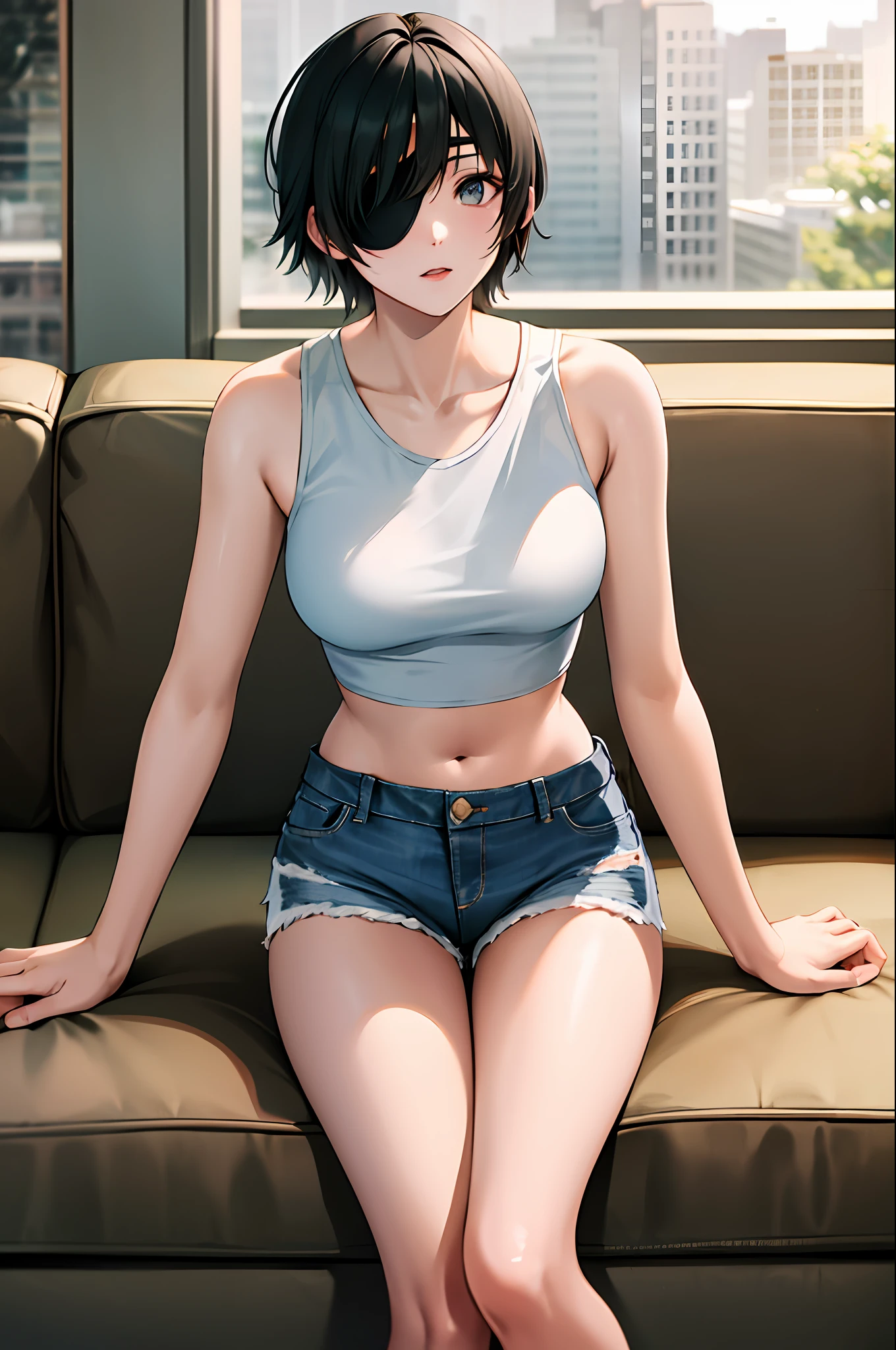 masterpiece, best quality, highres, hmn1, eyepatch, breasts, white crop top,jeans, denim shorts,indoors, holding_can, sitting, sofa,