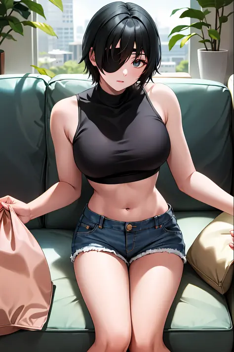 masterpiece, best quality, highres, hmn1, eyepatch, breasts, white crop top,jeans, denim shorts,indoors, holding_can, sitting, sofa,