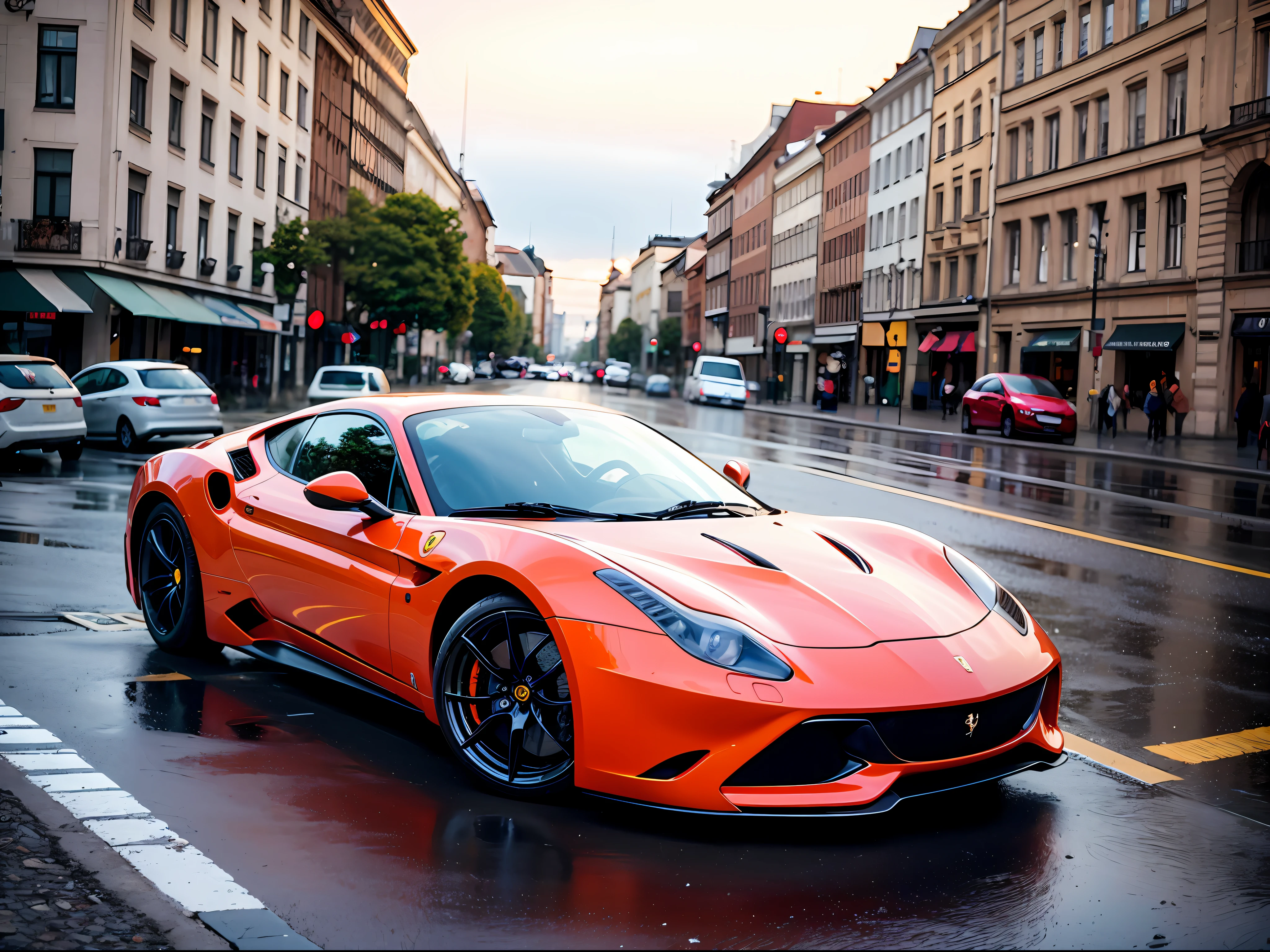 Una ilustración realista de un BFerrari Daytona SP3 en Berlín., Alemania. Mediodía y tiempo lluvioso.. ultra detallado, 8K, hdr, renderizado de octanaje, corrimiento al rojo, Motor irreal 5. color calificado profesionalmente, atmósfera, amazing depth, Colores ricos, imágenes poderosas, matices psicodélicos, 4k, 8K.