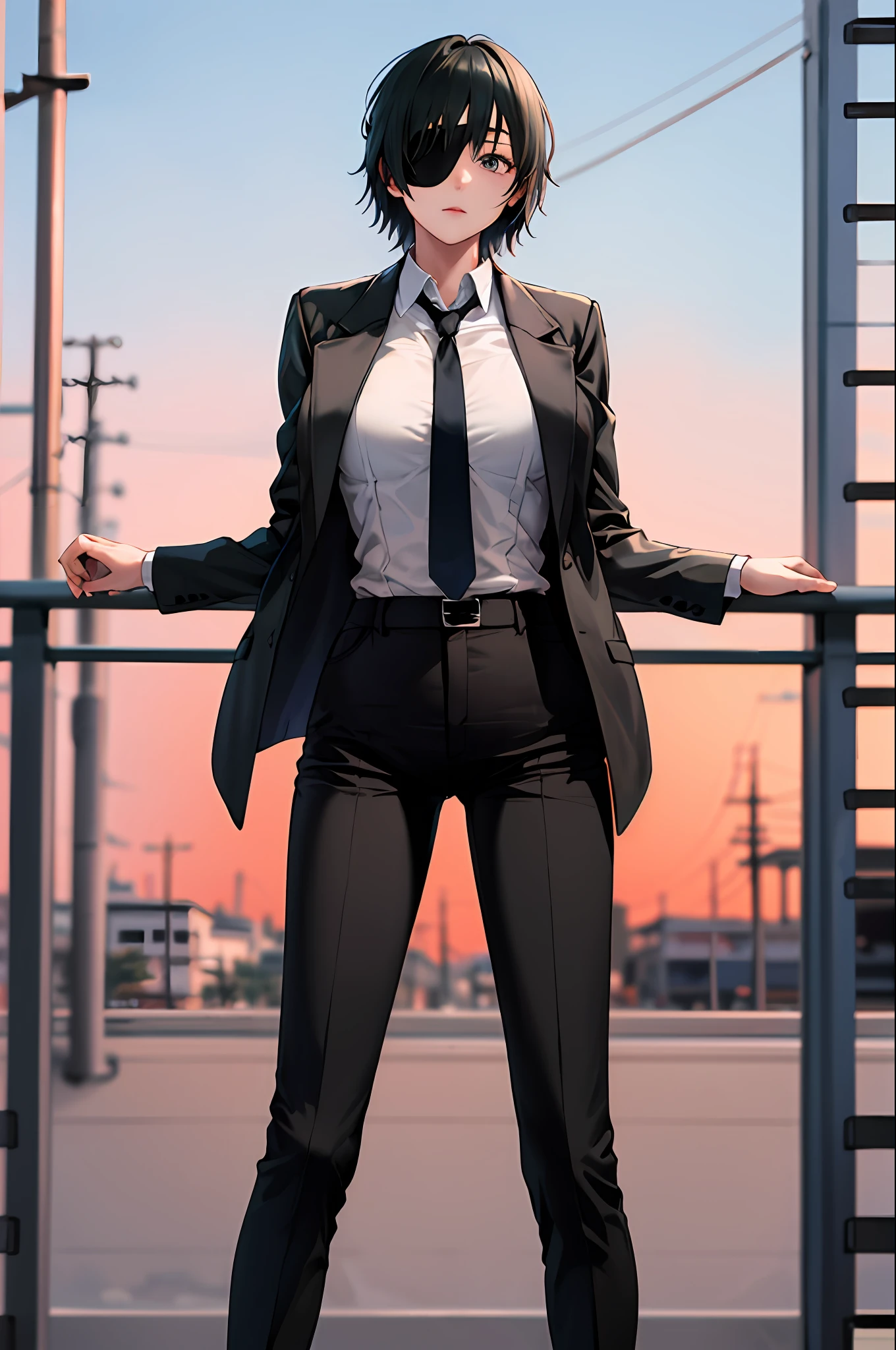 masterpiece, best quality, highres, hmn1, eyepatch, breasts, necktie, collared shirt, black jacket, black pants, cowboy shot, standing, outdoors,