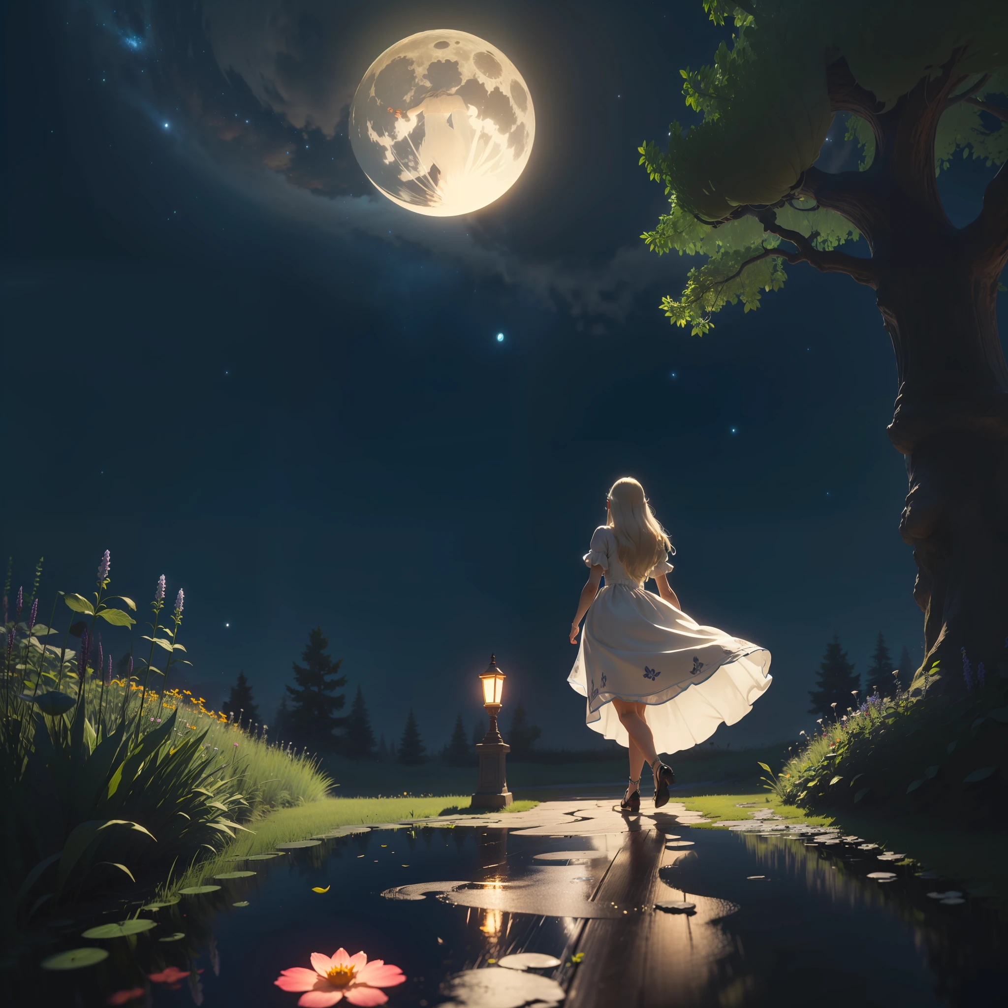 Open landscape , Landscape , Panorama shot , (Looking up/down) , Girl in flower garden looking up , (Full moon: 1. 2) , (Shooting star: 0. 9) , (Nebula: 1. 3) , Starry sky , White flower garden , Shining flower garden , Fantastic flower garden , Trees , (Warm light source: 1. 2), (Firefly: 1. 2), Lamp 3), Starry sky, White flower garden, (Warm color Light Source: 1. 2), (Firefly: 1. 2), Lamp, Orange and Blue Fine Detail, (Masterpiece: 1. 2), (Top Quality), 4k, Ultra Fine Detail, (Dynamic Composite: 1. 2), (Top Quality), Lamp, Orange and Blue Voluminous Lighting Main Fine Detail BREAK ((Masterpiece: 1.2), (Top Quality), 4k, Ultra Fine Detail, (Dynamic Composite: 1.4), Very Fine Detail, Colorful Detail, (Iridescent: 1. 2), (Luminescent Lighting, Ambient Lighting), Dreamlike ( Ambient Lighting), Dreamy, Fantastic, (Solo: 1.2), Glitter, Petals Dancing, Light Dancing, White Hair, Beautiful Hair, Long Hair, Hair Dancing, Back View, Puddle, Pose, Ruffled Skirt, Pure White Dress, Lace Short Sleeved Dress, Glass Shoes