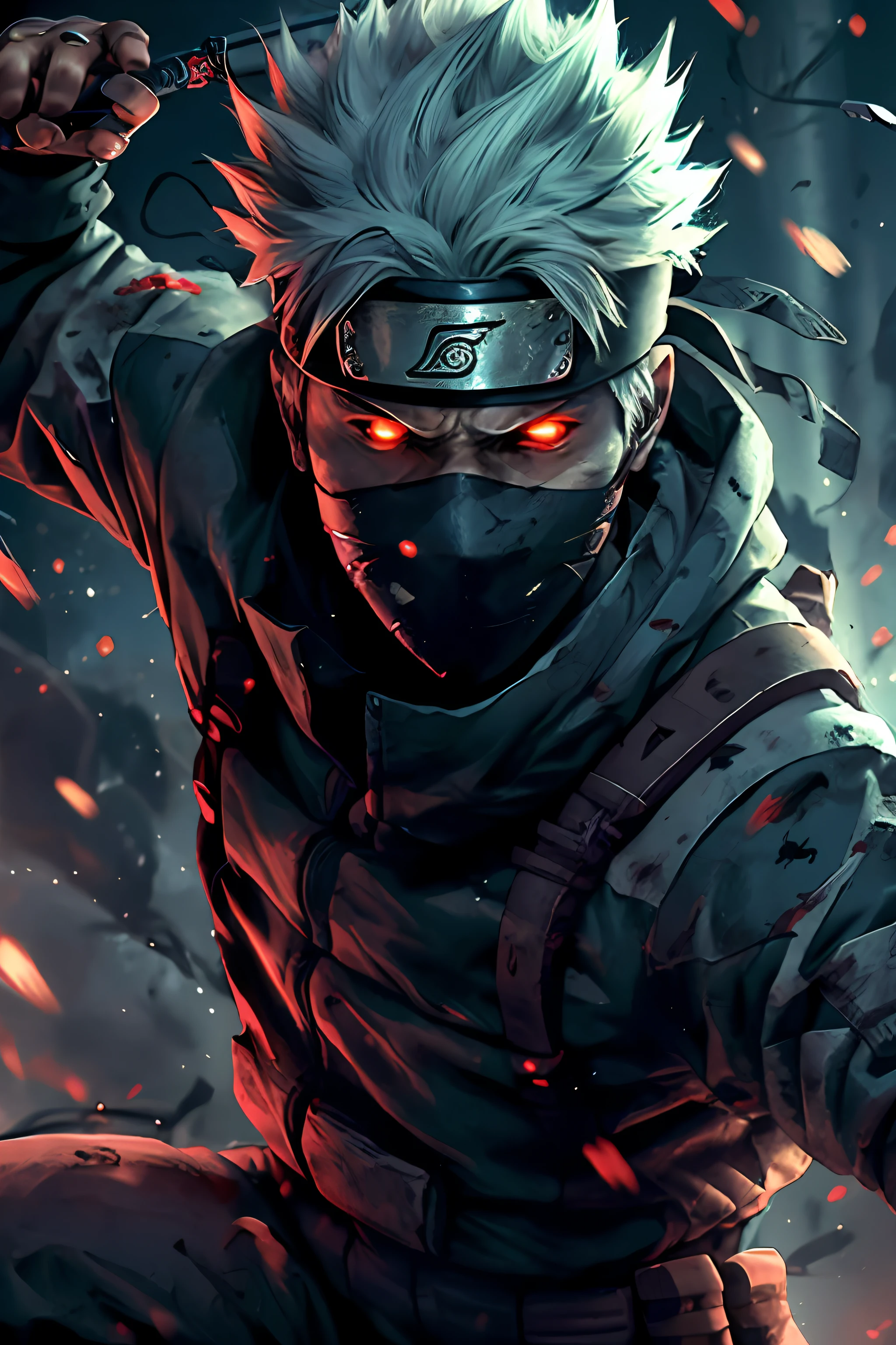 kakashi, 1boy, male focus, solo, glowing, red eyes, ninja, weapon, glowing eyes, holding, looking at viewer, fingerless gloves, gloves, holding weapon, sword, black gloves