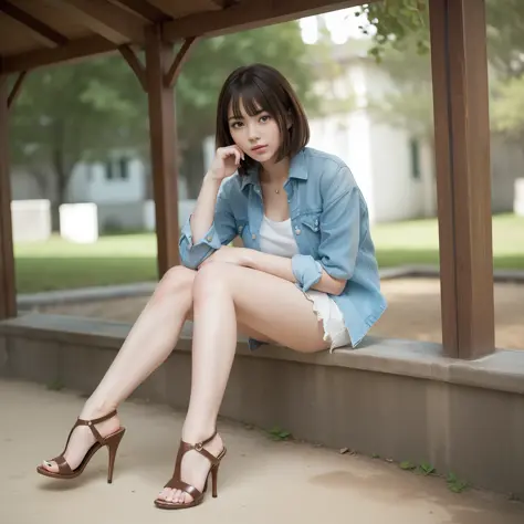 Top Quality, Ultra High Resolution, (Photorealistic: 1.4), One Girl, Masterpiece, Outdoor, Full Body, Brown Hair, Bob Hair, Saggy Eyes, Muscular, Slender, Full Body, Detailed Fingertips, Single Woman, Solo, Clothed, Thighs, Beautiful Legs, Legs Crossed