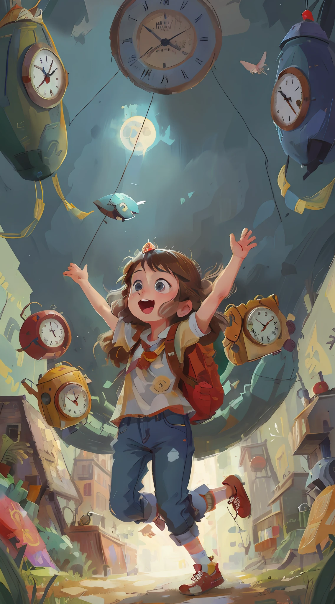 1 long-haired girl wearing jeans, carrying a backpack, with a crown, excited and surprised expression, flying through the time tunnel, surrounded by a lot of clocks, distorted clocks, large and small clocks, science fiction