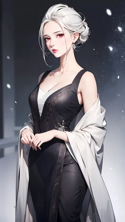 Masterpiece, Superb 1 Woman, Long Black Dress, Ink Painting, Mature Woman, Woman with Short Silver and White Hair, Hair Over Shoulder, Pale Pink Lips, Indifference, Seriousness, Bangs, Assassin, White Clothes, Facial Details, Correct Proportions, This pain...