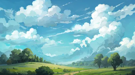 Illustration of green field with trees and clouds on bright and warm sky, animated countryside scenery, background art, background illustration, beautiful fluffy clouds. anime, anime background art, anime landscape wallpaper, anime landscape, landscape art...