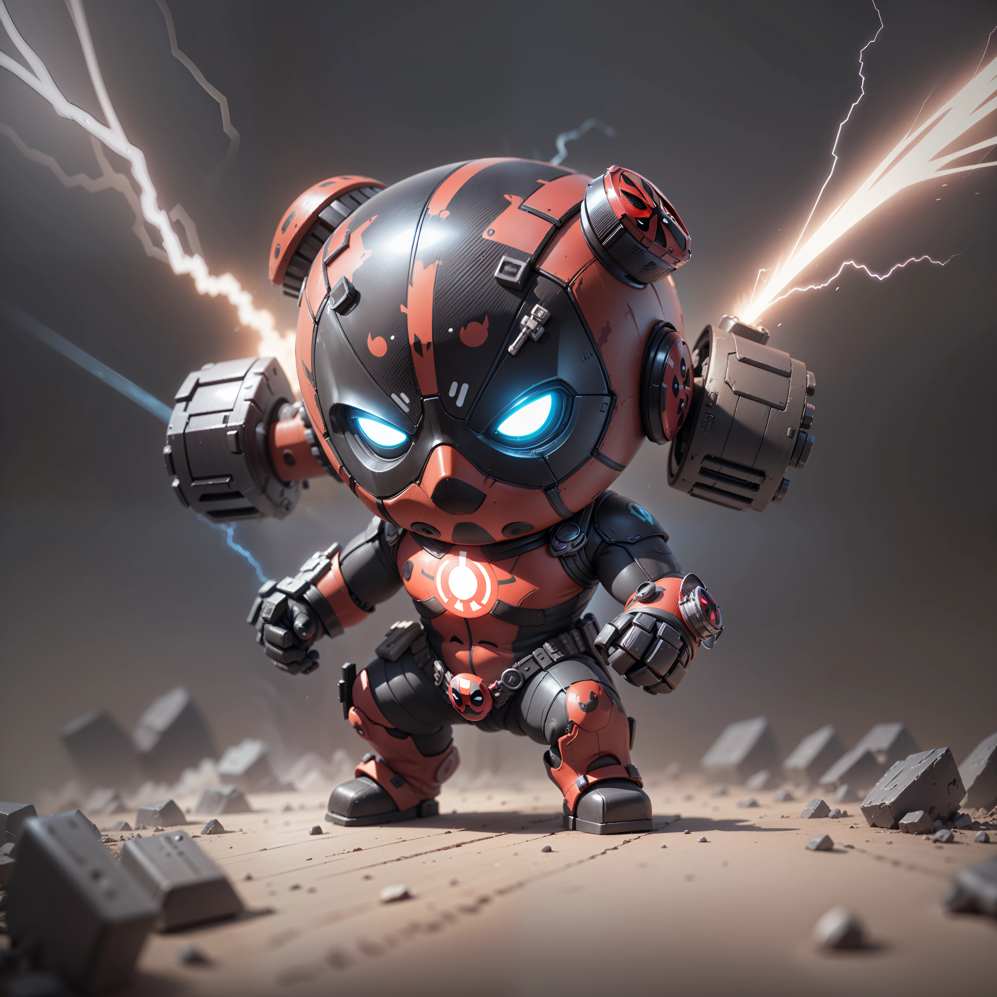 (Mechanical, little deadpool: 1.331), (Mechanical) Cute Style, Small, Lava Jet, 3D Rendering, ((Q Version)), Machine Style, Cinematic Texture, Figures, Movie Lights, Heavy Robotic Arm, Background Surround Lightning, Lightning, Cool, war Background, Ray Tracing, Full Body 3D Model, Action, Stylish Blind Box Toys. (fill body:1.2) chibi