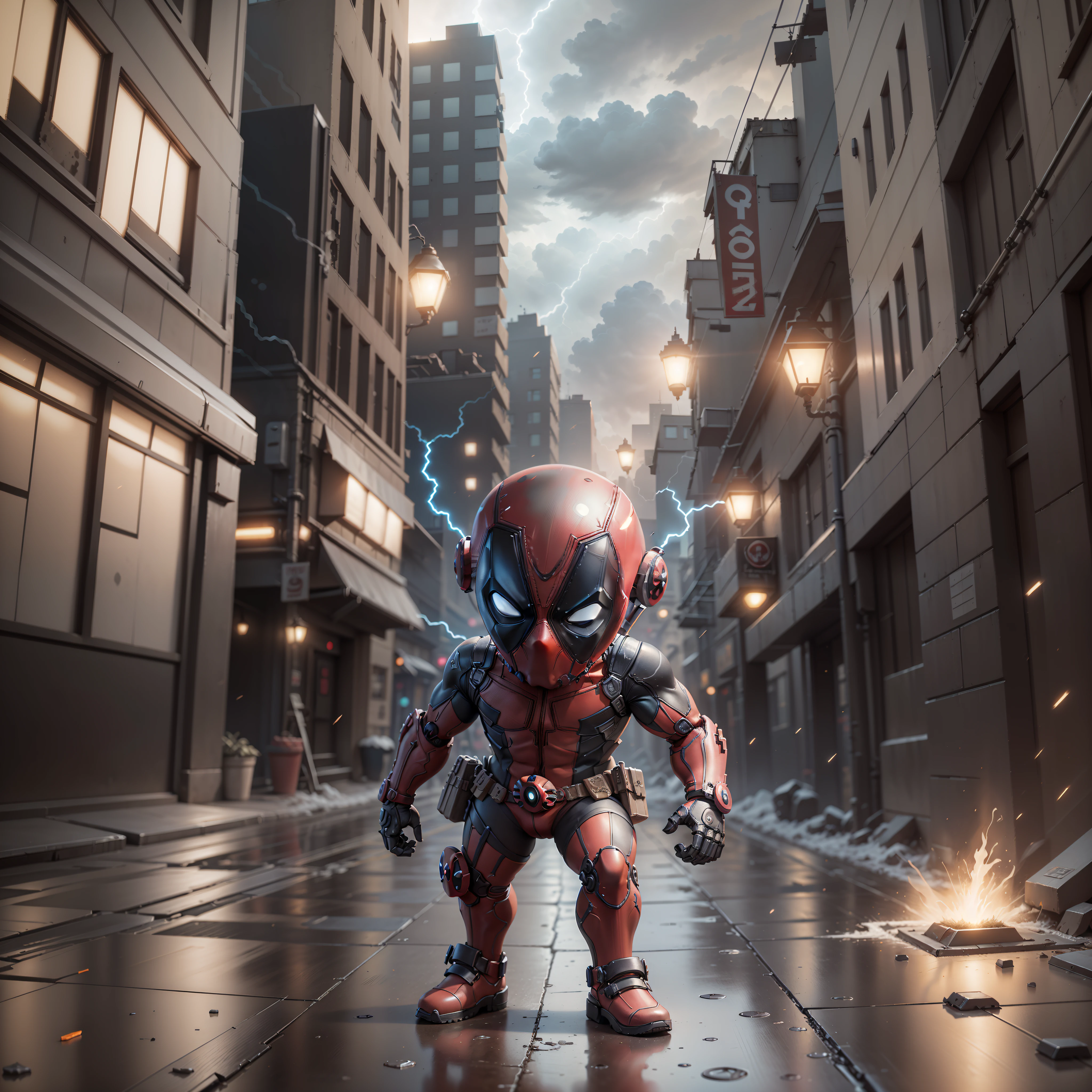 (Mechanical, cute little deadpool: 1.331), (Mechanical) Cute Style, Small, 3D Rendering, ((Q Version)), Machine Style, Cinematic Texture, Figures, Movie Lights, Heavy Robotic Arm, Background Surround Lightning, Lightning, Cool, war Background, Ray Tracing, Full Body 3D Model, Action, Stylish Blind Box Toys. (fill body:1.2) chibi
