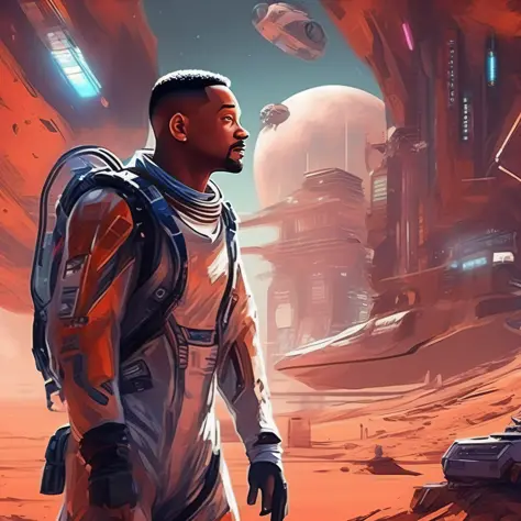 Will Smith astronaut in space city on planet mars futuristic, cyberpunk