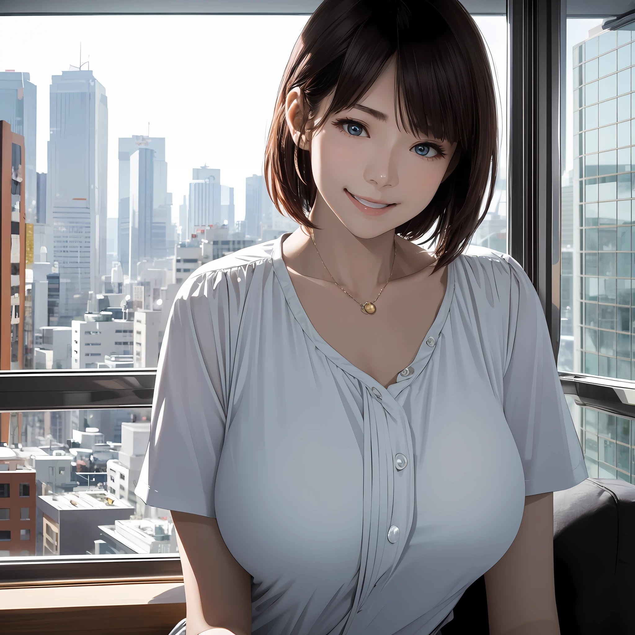 1 girl, mature woman, photo, realistic, top quality, adopted, detailed face, smile: 1.5, brown hair, building from the window, detailed background, diffuse sunlight, depth of field, bokeh, roof of a skyscraper, burned meteorite is falling, evening, glass, mature Japan woman at 20 years old, beauty, huge and heavy breasts, office casual, iris color of the eyes is light blue, perfect body, slender, skin is white, whitening, beautiful skin, delicate face, smiling, overweight, sitting, pressing chest against desk