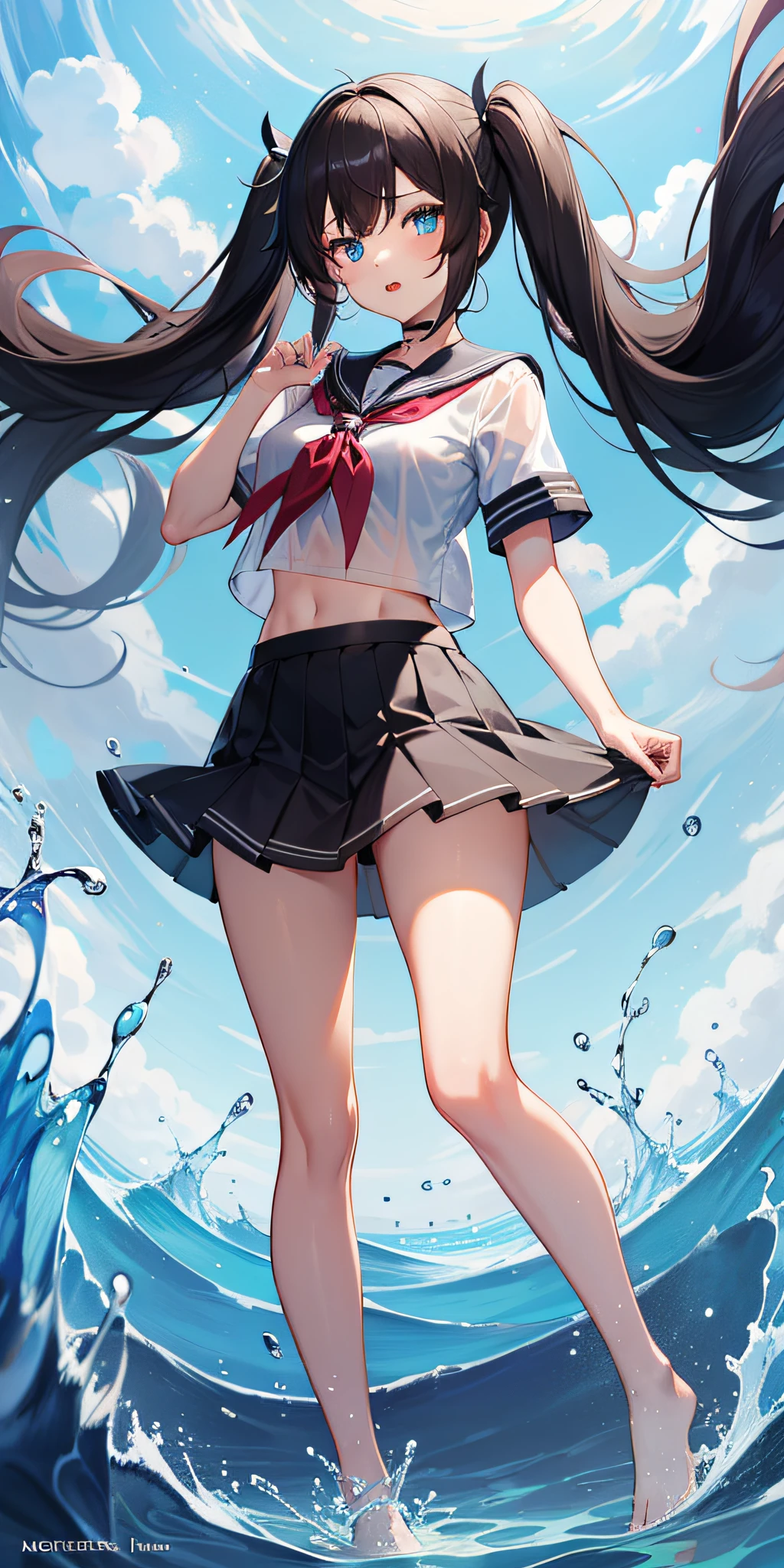 1girl,petite,loli,solo,longhair,skirt,sailorcollar,blackhair,navel,lookingatviewer,blackskirt7,miniskirt,barefoot,see-through,neckerchief,croptopoverhang,croptop,pleatedskirt,water,schooluniform,midriff,shirt,serafuku,twintails,verylonghair,fullbody,miniskirt,bareshoulders,whiteshirt,blueeyes,barelegs,thighs,breasts,blacksailorcollar,bangs,stomach,blueneckerchief,partedlips,floatinghair,standing,