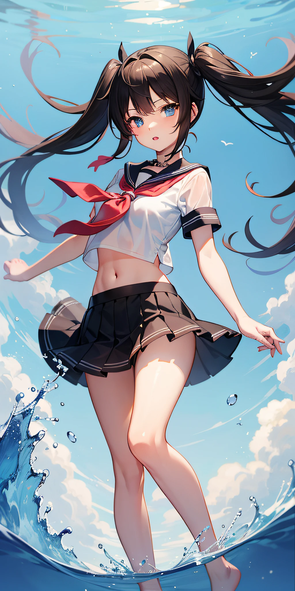 1girl,,,solo,longhair,skirt,sailorcollar,blackhair,navel,lookingatviewer,blackskirt7,miniskirt,barefoot,see-through,neckerchief,croptopoverhang,croptop,pleatedskirt,water,schooluniform,midriff,shirt,serafuku,twintails,verylonghair,fullbody,miniskirt,bareshoulders,whiteshirt,blueeyes,barelegs,thighs,breasts,blacksailorcollar,bangs,stomach,blueneckerchief,partedlips,floatinghair,standing,