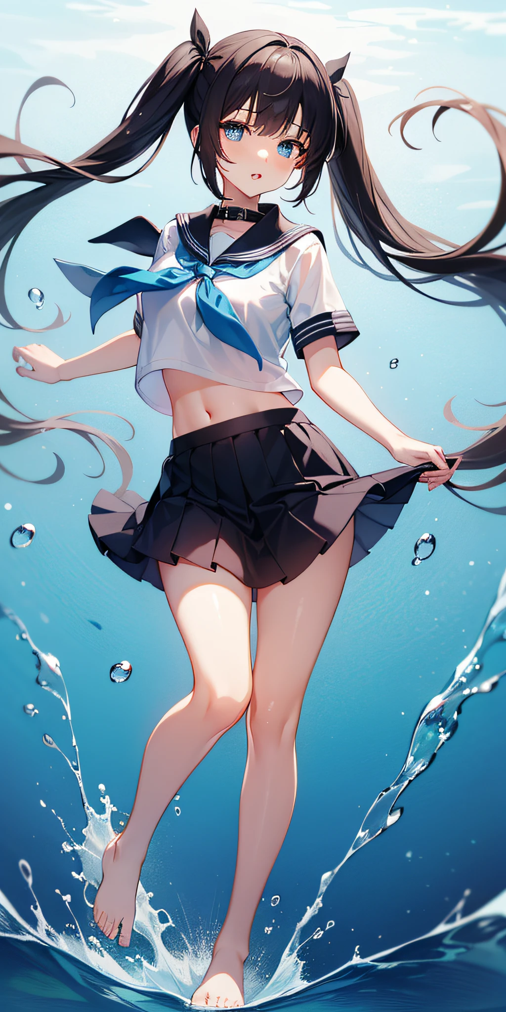 1girl,petite,loli,solo,longhair,skirt,sailorcollar,blackhair,navel,lookingatviewer,blackskirt7,miniskirt,barefoot,see-through,neckerchief,croptopoverhang,croptop,pleatedskirt,water,schooluniform,midriff,shirt,serafuku,twintails,verylonghair,fullbody,miniskirt,bareshoulders,whiteshirt,blueeyes,barelegs,thighs,breasts,blacksailorcollar,bangs,stomach,blueneckerchief,partedlips,floatinghair,standing,