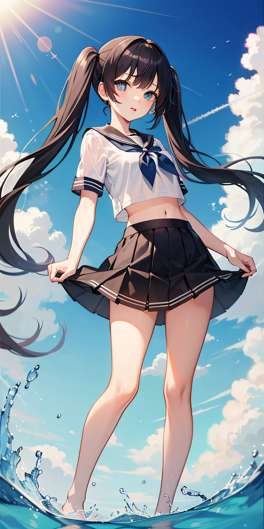 1girl,petite,loli,solo,longhair,skirt,sailorcollar,blackhair,navel,lookingatviewer,blackskirt7,miniskirt,barefoot,see-through,neckerchief,croptopoverhang,croptop,pleatedskirt,water,schooluniform,midriff,shirt,serafuku,twintails,verylonghair,fullbody,miniskirt,bareshoulders,whiteshirt,blueeyes,barelegs,thighs,breasts,blacksailorcollar,bangs,stomach,blueneckerchief,partedlips,floatinghair,standing,