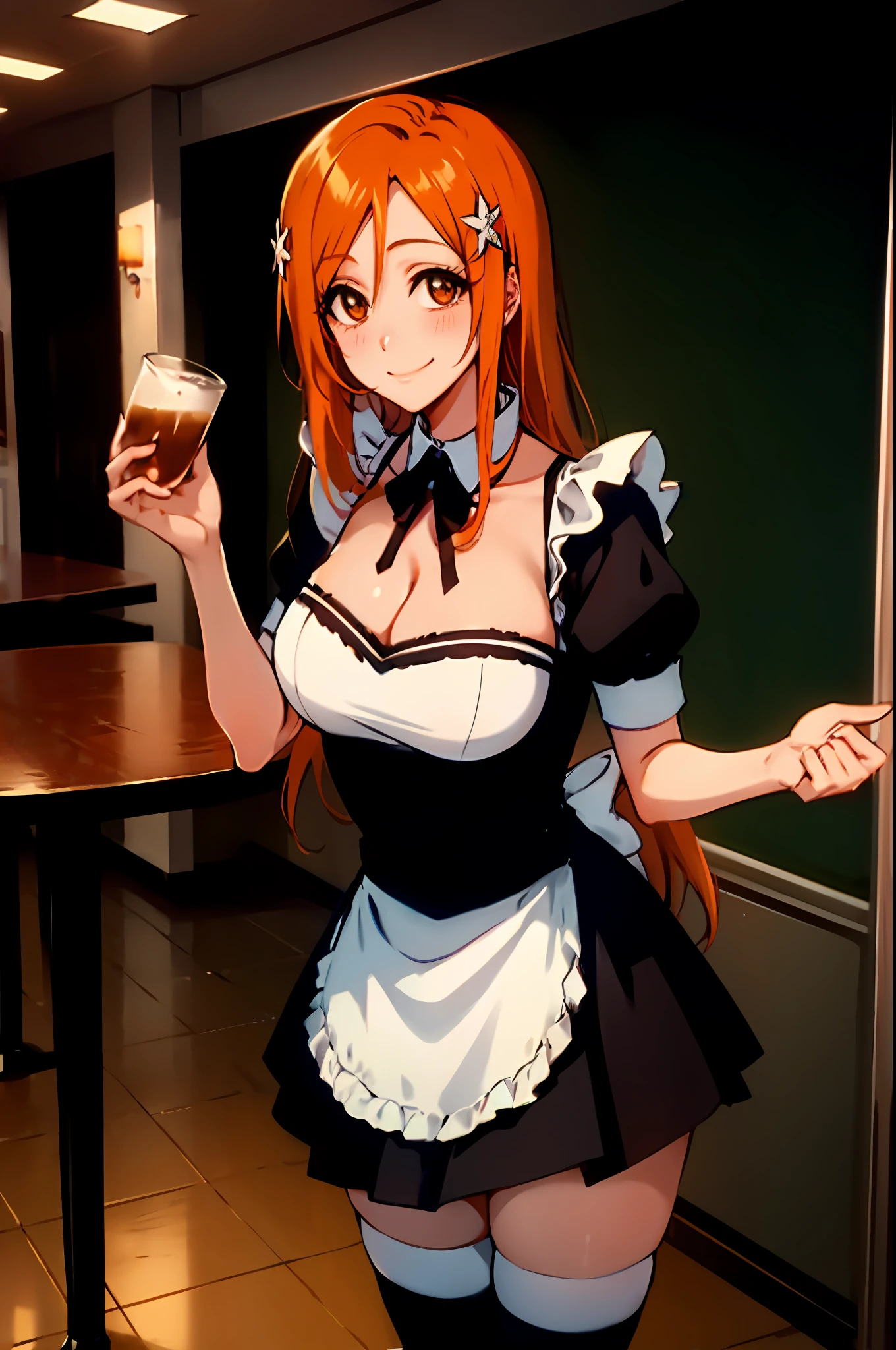 Orihime inoue, bleach, 1girl, solo, maid dress, meidofuku, maid uniform, maid, black thighhighs, breasts, cleavage, pleated skirt, hair between eyes, long hair, hair ornament, looking at viewer, messy hair,  orange hair, solo, thighhighs, thighs, long hair, ((masterpiece)), standing, sexy pose, blush, shy, smile, closes mouth, cafe, table, food, drink, chair, indoor, serving cafe, taking cafe order,