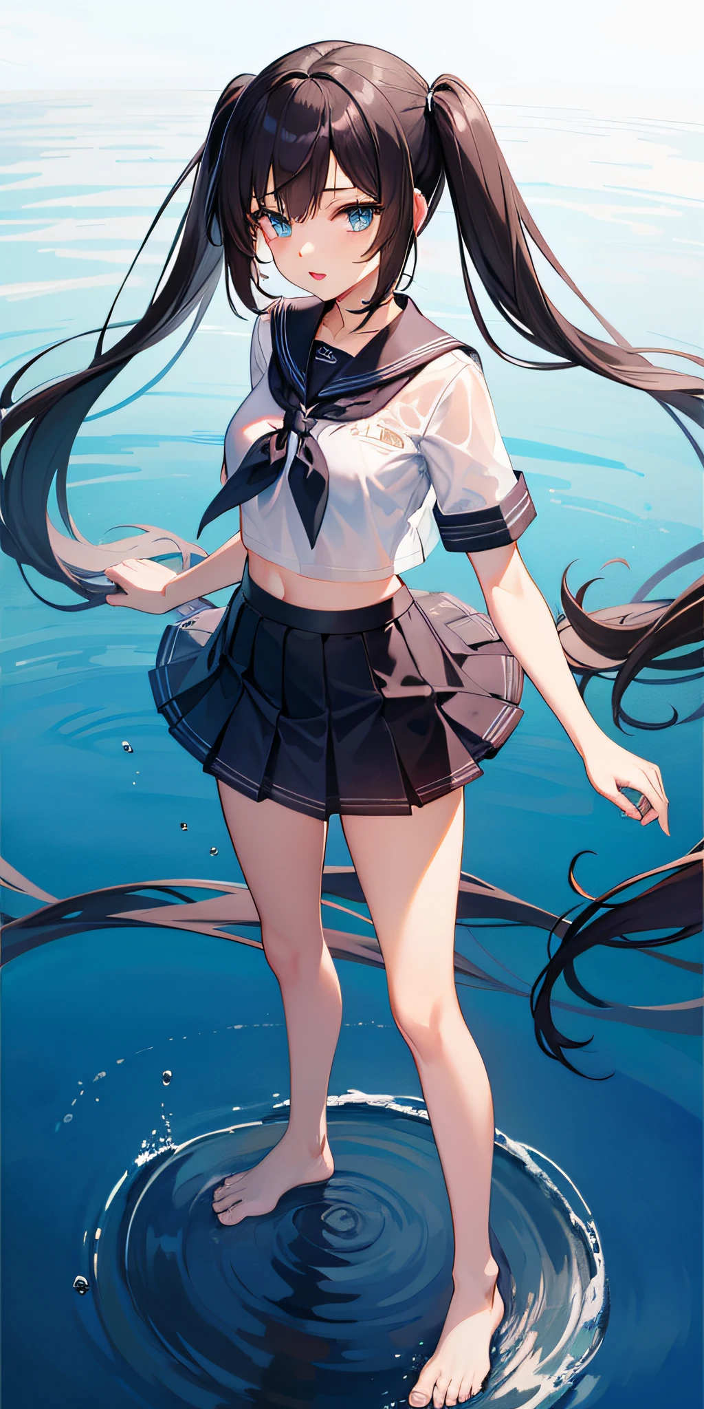 1girl,petite,loli,solo,longhair,skirt,sailorcollar,blackhair,navel,lookingatviewer,blackskirt7,miniskirt,barefoot,see-through,neckerchief,croptopoverhang,croptop,pleatedskirt,water,schooluniform,midriff,shirt,serafuku,twintails,verylonghair,fullbody,miniskirt,bareshoulders,whiteshirt,blueeyes,barelegs,thighs,breasts,blacksailorcollar,bangs,stomach,blueneckerchief,partedlips,floatinghair,standing,