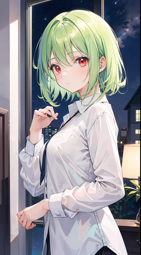 A girl looks at the night sky from outside the window in her bedroom, light green hair and shiny red eyes, wearing white shirt