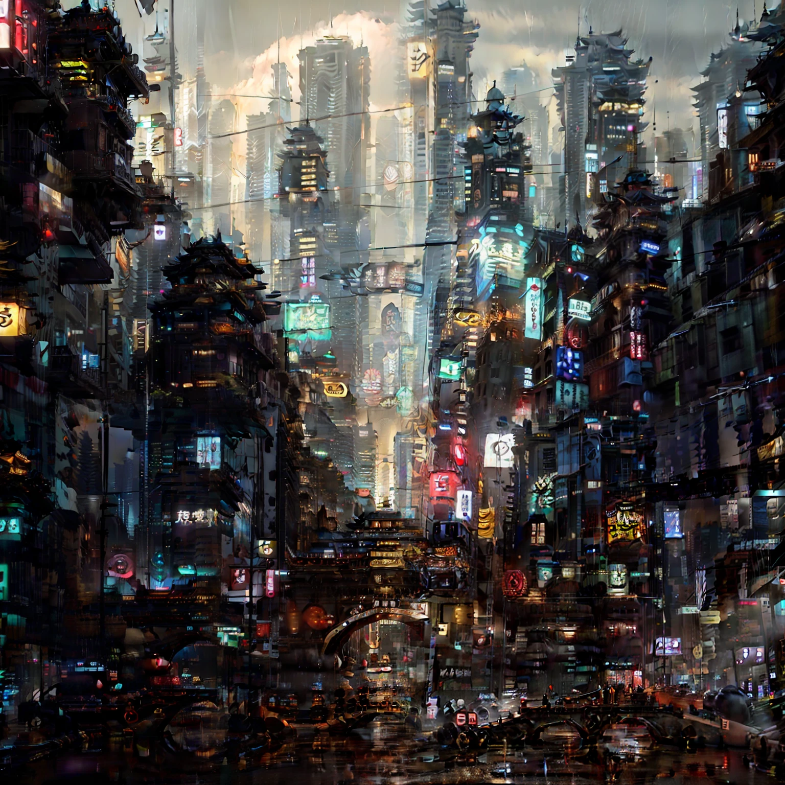 Cyberpunk Concept, building, scenery, car, city, motor vehicle, ground vehicle, no humans, outdoors, rain, street, road, neon lights, night, architecture, cityscape, vehicle focus, east asian architecture, real world location, sky, skyscraper