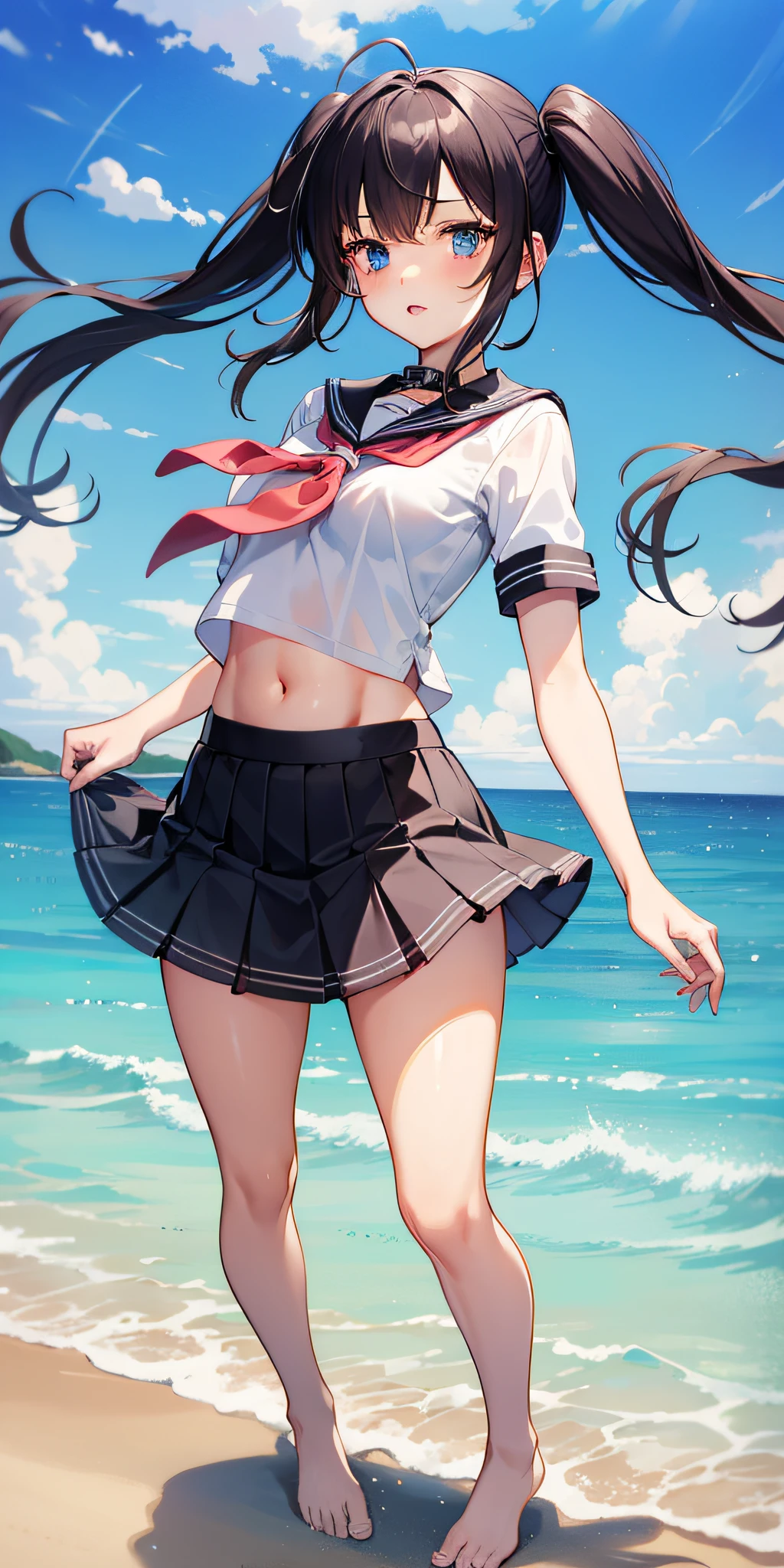 1girl,petite,loli,solo,longhair,skirt,sailorcollar,blackhair,navel,lookingatviewer,blackskirt7,miniskirt,barefoot,see-through,neckerchief,croptopoverhang,croptop,pleatedskirt,water,schooluniform,midriff,shirt,serafuku,twintails,verylonghair,fullbody,miniskirt,bareshoulders,whiteshirt,blueeyes,barelegs,thighs,breasts,blacksailorcollar,bangs,stomach,blueneckerchief,partedlips,floatinghair,standing,