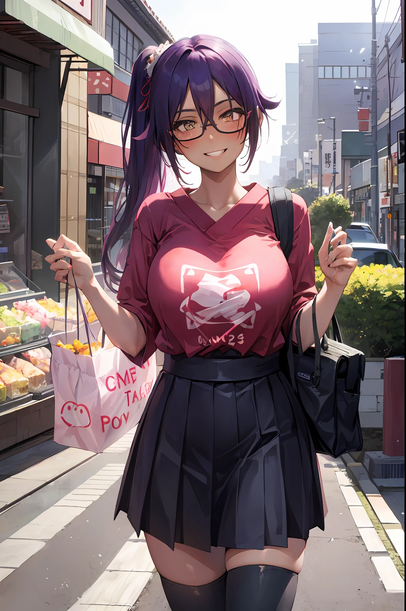 Yoruichi shihouin, dark skin, 1girl, solo, hip hop shirt, jacket, cool glasses, oversized t shirt, black thighhighs, breasts, cleveage, pleated skirt, hair between eyes, large breasts, long hair, looking at viewer, purple hair, pony tail, solo, thighhighs, thighs, long hair, ((masterpiece)), tokyo city, japanese store, japan road, tokyo tower, standing, sexy pose, blush, shy, smile, show teeth, detailed hand, beautifull finger,