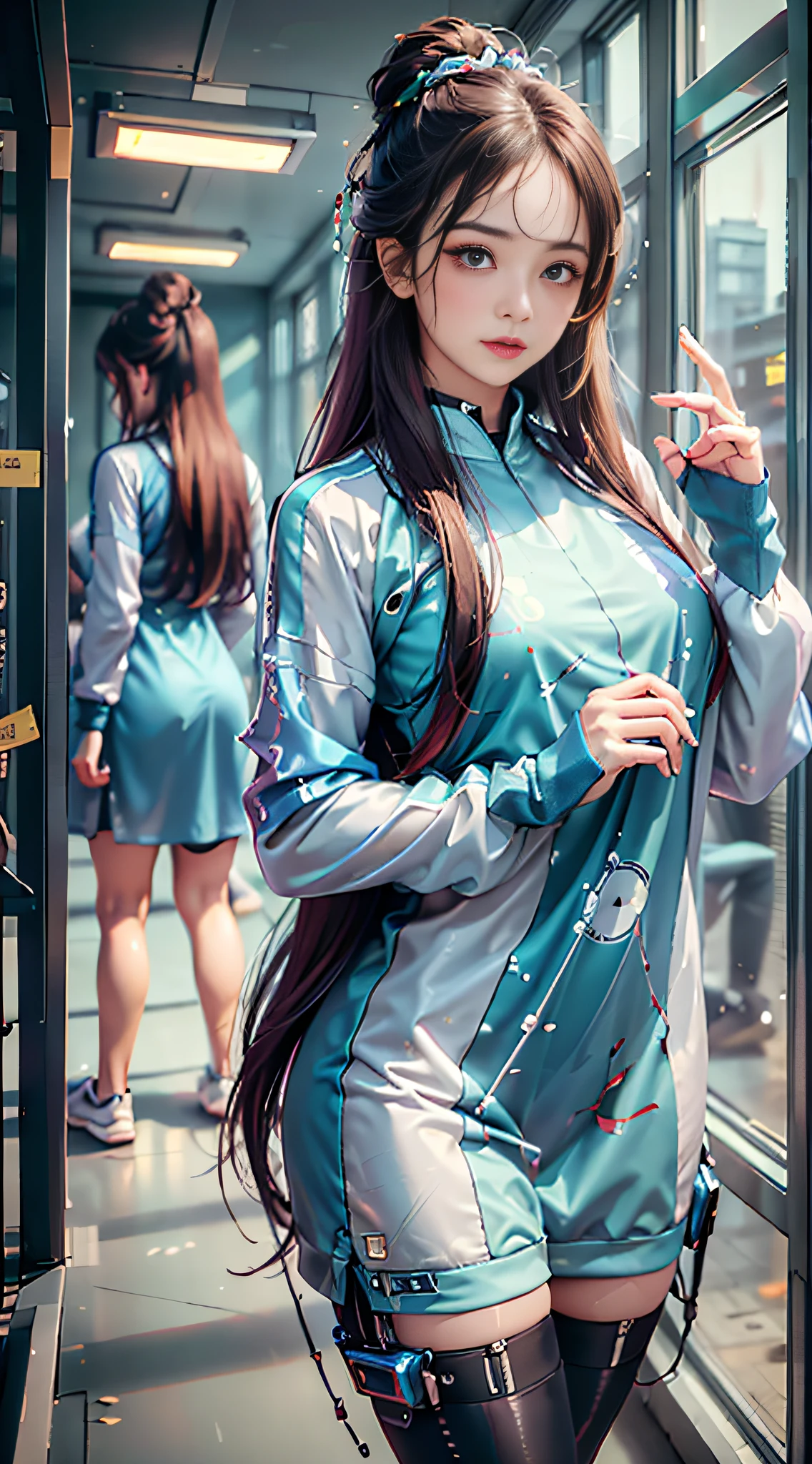 A girl looking at the audience, brunette hair, Chinese girl, (perfect eyes: 1.2), (women's sportswear: 1.2) (women's casual clothing: 1.5), (dress: 1.2), (eyes with correct proportions: 1), (mecha: 1.5), (face front: 1.5), (body front: 1.5), (full body: 1.5), technology screen, interior scene, glass window, building outside the window, illuminated screen building, futuristic city, bright background, futurism, first-person perspective, pov, panorama, Ultra HD, Masterpiece, Accurate, Anatomically Correct, High Detail, (Best Quality: 1.5), High Resolution, 8K, Perfect Facial Proportions, Upright Body, Beautiful Eyes, Perfect Face, Detailed Face, Elegant,