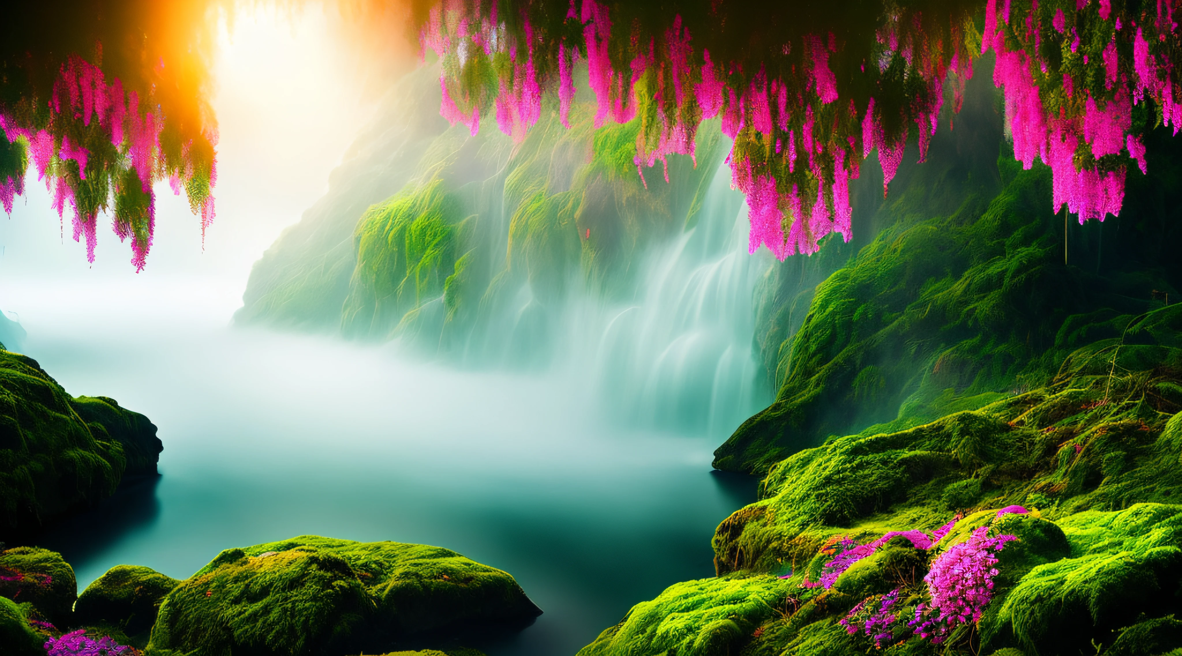 ChromaV5, nvinkpunk, masterpiece, best quality, high quality, extremely detailed realistic 8k wallpaper,landscape with texture ,Landscape photo of the most beautiful jungle in the world, (nature landscape), award winning photography, Chromatic Aberration, HDR, bloom, Photorealistic, extremely detailed, trending on artstation, trending on CGsociety, Intricate, High Detail, dramatic, RTX on, magic glowing flowers, (fog), fantasy, waterfall