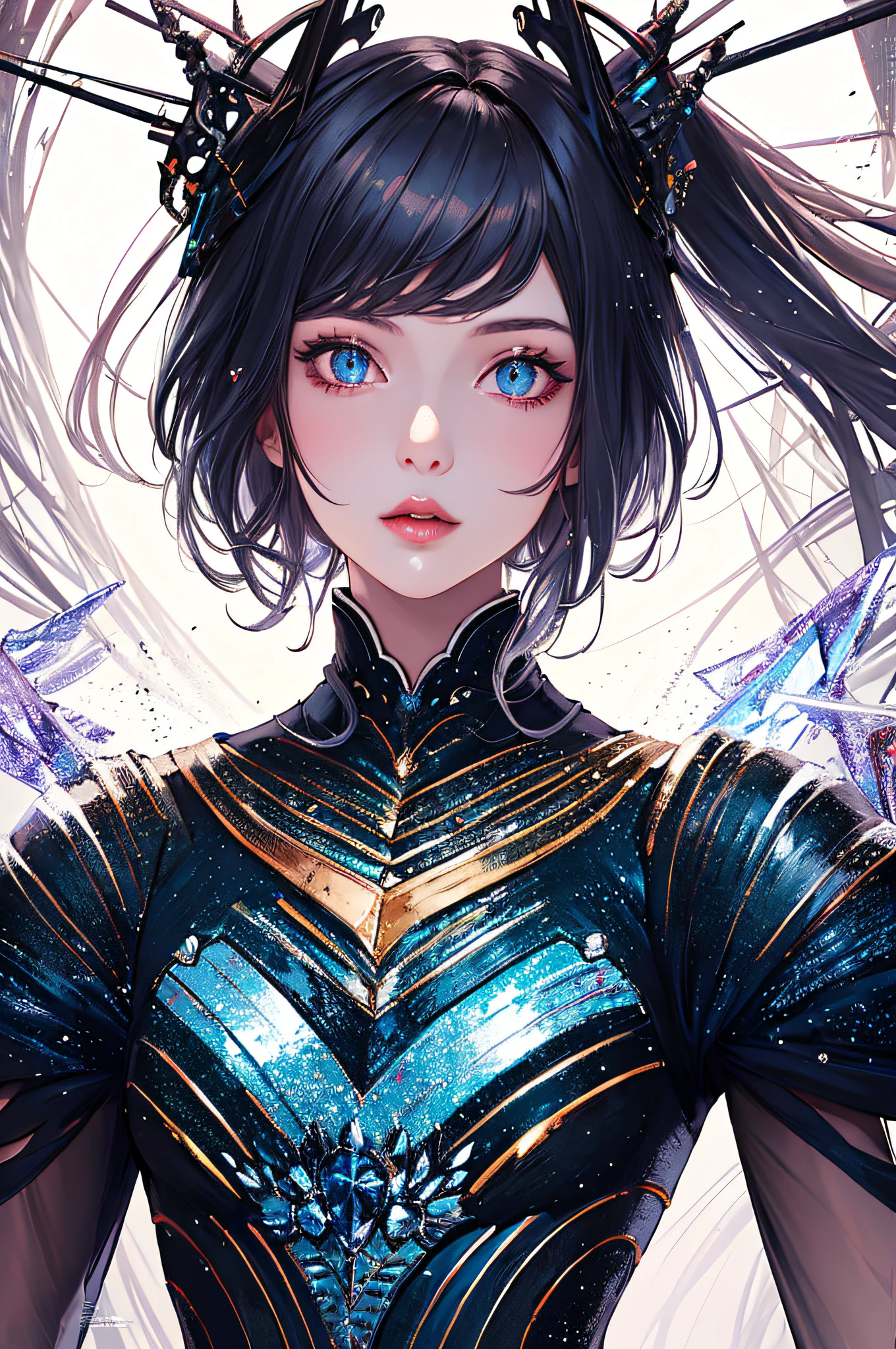 (masterpiece, top quality, best quality, official art, beautiful and aesthetic:1.2), cateyes,1girl, solo, armour, magic, light particles, upper body, extreme detailed, highest detailed, optical mixing, playful patterns, lively texture, unique visual effect