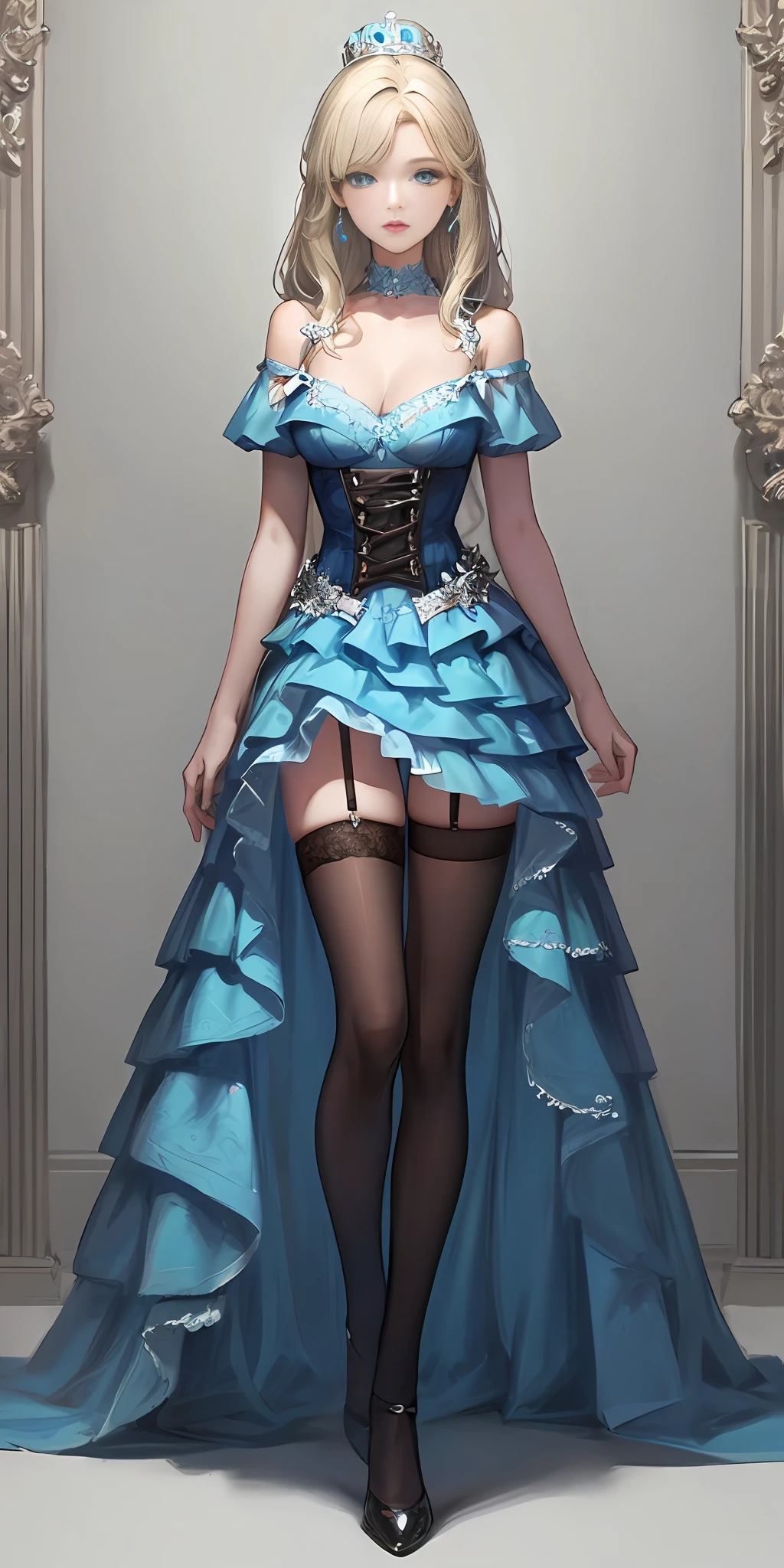 [blue:aqua:0.65] theme, masterpiece, a girl's masterpiece, detailed visual art, blue eyes, light blonde hair, long hair, collarbone, royal princess, elegant, gorgeous quinceanera corset, corset piercing, detailed layered skirt, [detailed frills: 0.1], [frilled dress: 0.1], embroidery, [details princess dress: 0.1], off-the-shoulder, big breasts: 1.3, open crotch, thigh seam, garter belt, groin, [NSFW| uncensored], (simple background: 1.1), low-winged, full-body