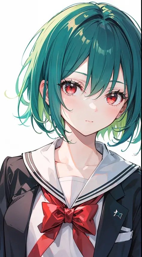 A girl was at a crossroads, wearing a high school uniform, bright green hair with bright red eyes, Sharp short hair, and a charm...