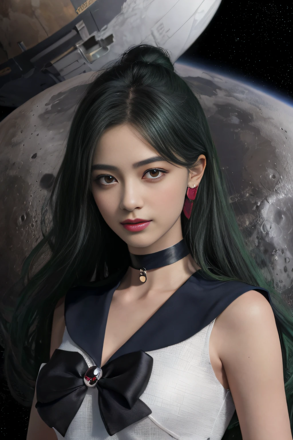 ((HD Real, SAMA1 level)), Extreme Real, Masterpiece, Best Quality, High Definition, SAMA1, Space, Stunning Beauty, Upper Body Shot, 1 Girl, Chest, Gloves, Lips, Solo, Sailor Pluto, Red Eyes, SM Uniform, mer1, Tiara, Sailor Senshi Uniform, (RAW photo, Best Quality), Masterpiece, Long Green Hair, Dark Gray Sailor Color, BowChoker, white gloves, dark grey choker, elbow gloves, jewelry, earrings, dark gray skirt, sole, full body, green hair, (perfect hands): 3.8, octane rendering, goddess of Pluto, (close-up: 1.2) finely detailed beautiful eyes, close-up, small eyes, looking viewer, to8contrast style, octane line art, space background, Pluto, dark space effect, dark khaki, gentle smile, lowered hand