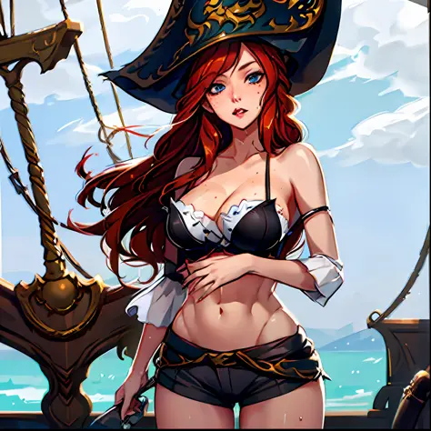 Camera on ceiling, 1girl, pirate hat, looking at viewer, freckles, red hair, big ass, short shorts, huge tits, breasts sticking out of bra, ((big neckline)), wet, sweaty, sweaty, ((Miss Fortune)), League of legends, raining, malicious face, ship background...