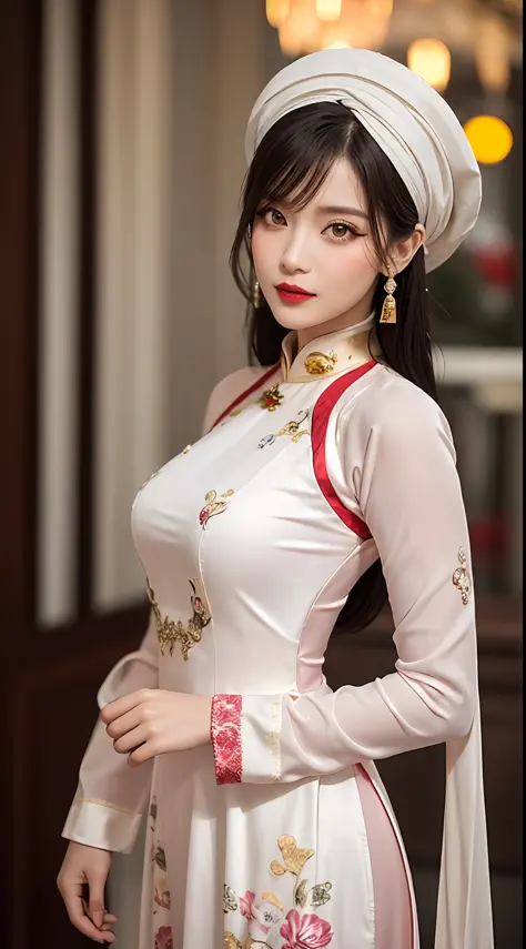 1 27 year old solo girl, 1 zodiac goddess from the future, goddess wearing a bridal gown, 21st century traditional ao dai and tu...