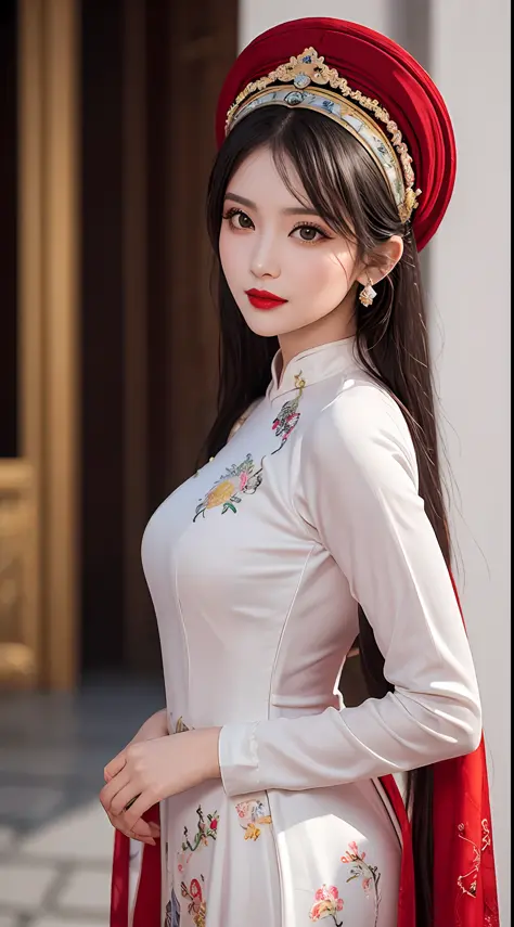 1 27 year old solo girl, 1 zodiac goddess from the future, goddess wearing a bridal gown, 21st century traditional ao dai and tu...
