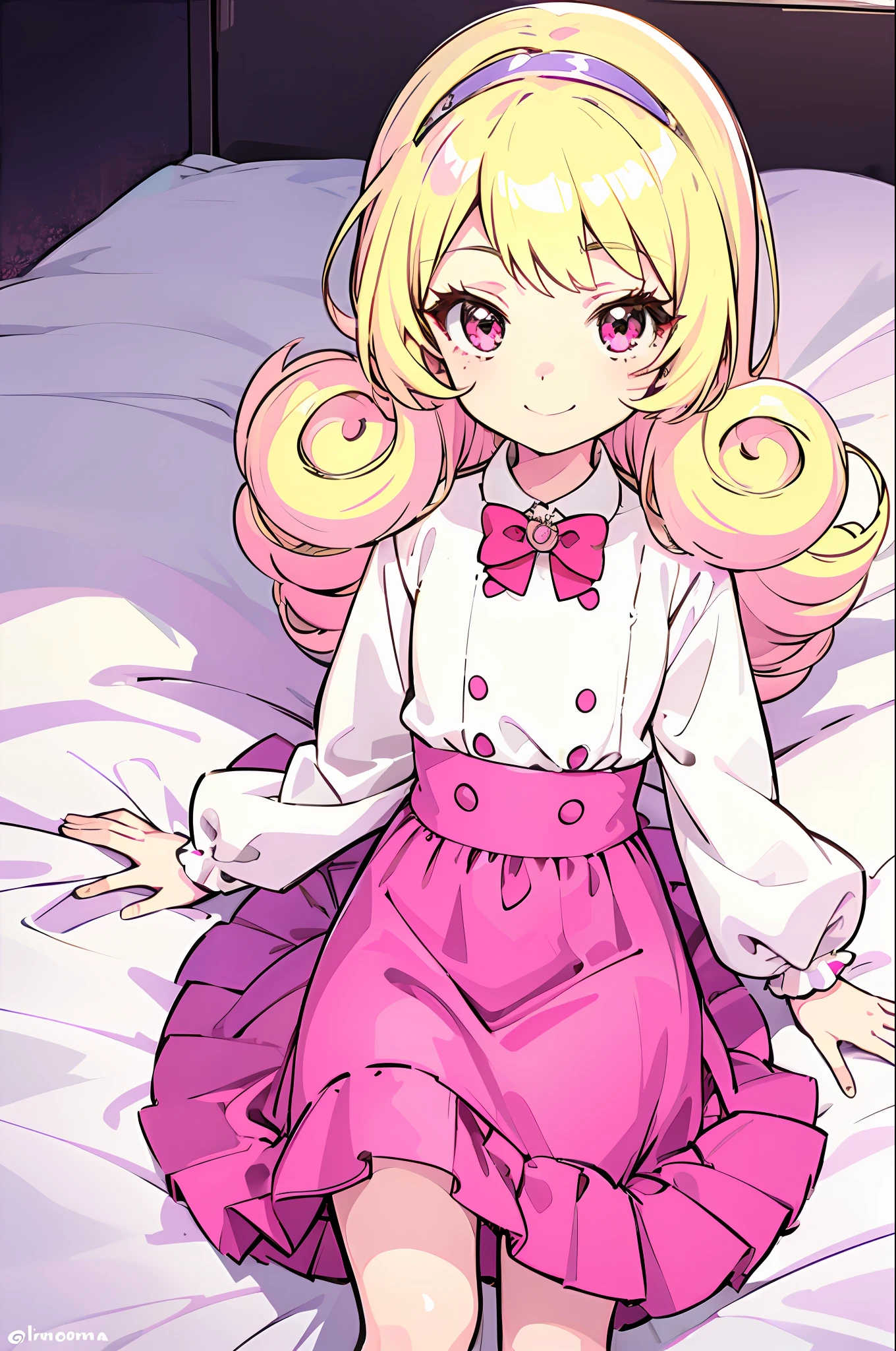 Anime girl in pink dress sitting on bed with white sheets - SeaArt AI