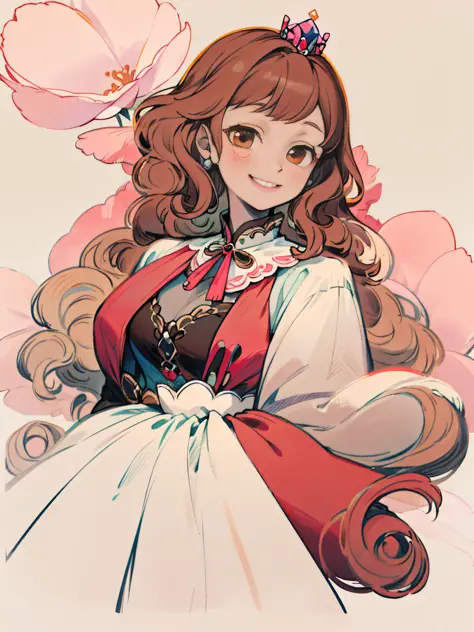 Gongbi flower, simple background, a picture of a princess Krinoline dress, pale pink dress, brown hair, fair skin, long curly ha...