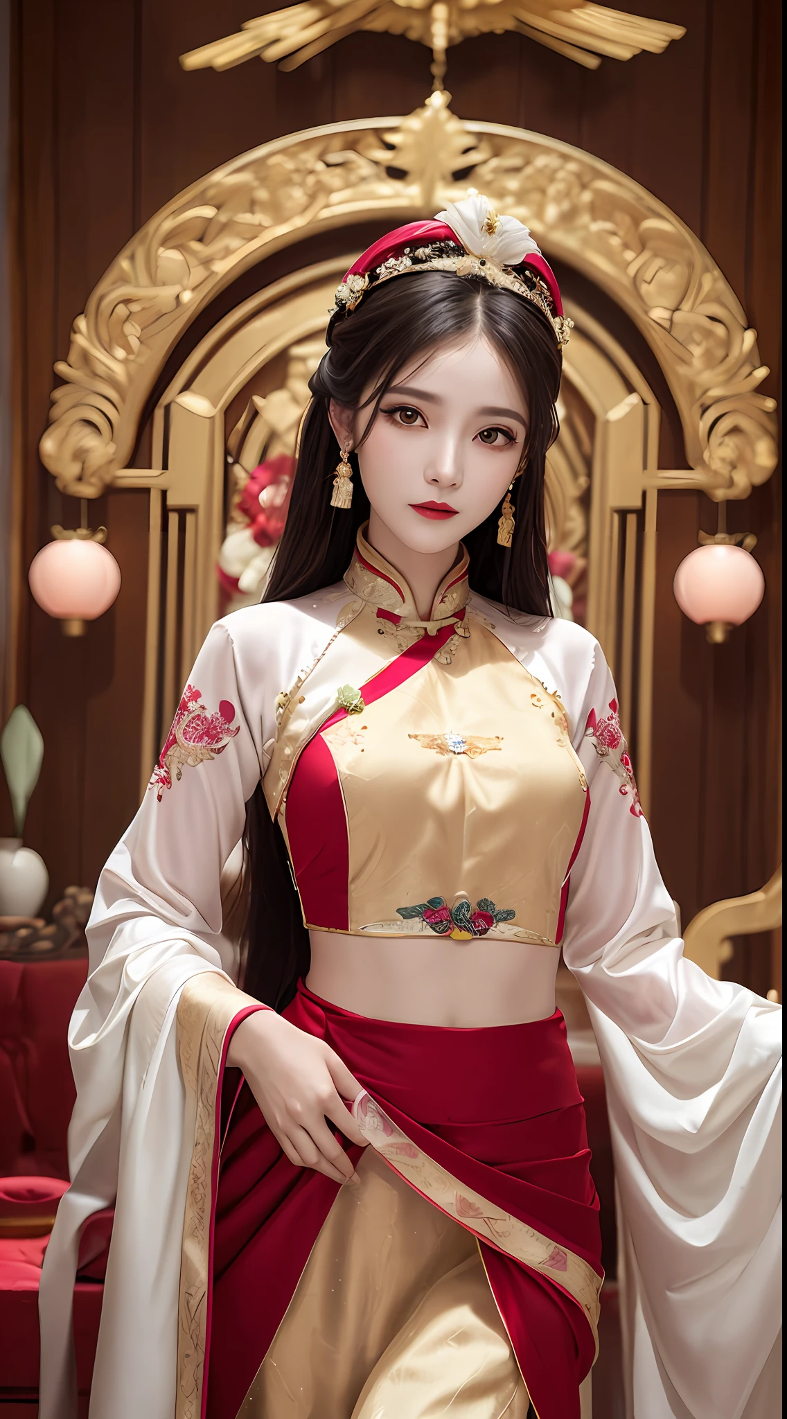 1 2 fille seule, 1 zodiaque goddess from the future, Déesse portant une robe de mariée, Style ao dai et turban traditionnel du 21e siècle, 12 pink and purple zodiaque signs, déesse portant une chemise blanche, pantalon en soie rouge et jaune, robe longue moulante rouge et blanche, tissu fin ao dai, porter une chemise à manches longues, sparkling zodiaque, version sombre luxueuse et mystérieuse, turban aux nombreux motifs délicats habiles, wearing a turban across the head of the goddess of the zodiaque, 1 turban de mariée compact pour la déesse, ((1 turban de mariée méticuleusement conçu et détaillé: 1.8)), lèvres rouges, lèvres fines et belles, Sourire captivant, Beauté détaillée, contexte détaillé, Super détaillé, Éclairage magique, De beaux effets de lumière, visage clair, cheveux longs et plats, Beau visage, minutieux et bien proportionné, (yeux jaunes transparents: 1.8), grand round eyes and very beautiful and meticulous makeup, visionnaire, porter longtemps des vêtements en soie, maquillage mystérieux, en plus d&#39;une frange et d&#39;une teinte blonde claire, grand, seins réguliers, fesses dodues, ventre plat, Des courbes corporelles parfaites, moitié supérieure du portrait, goddess of the zodiaque, bras tombants, Réaliste et vivant, (les étoiles se réconcilient) zodiaque: 1.7), (Ciel) of bad zodiaque signs texture: 1.8), photo de fiction, photo brute, photo vietnamienne ao dai, meilleure photo, 8k, photo 8k de la meilleure qualité, surréaliste, le plus authentique,