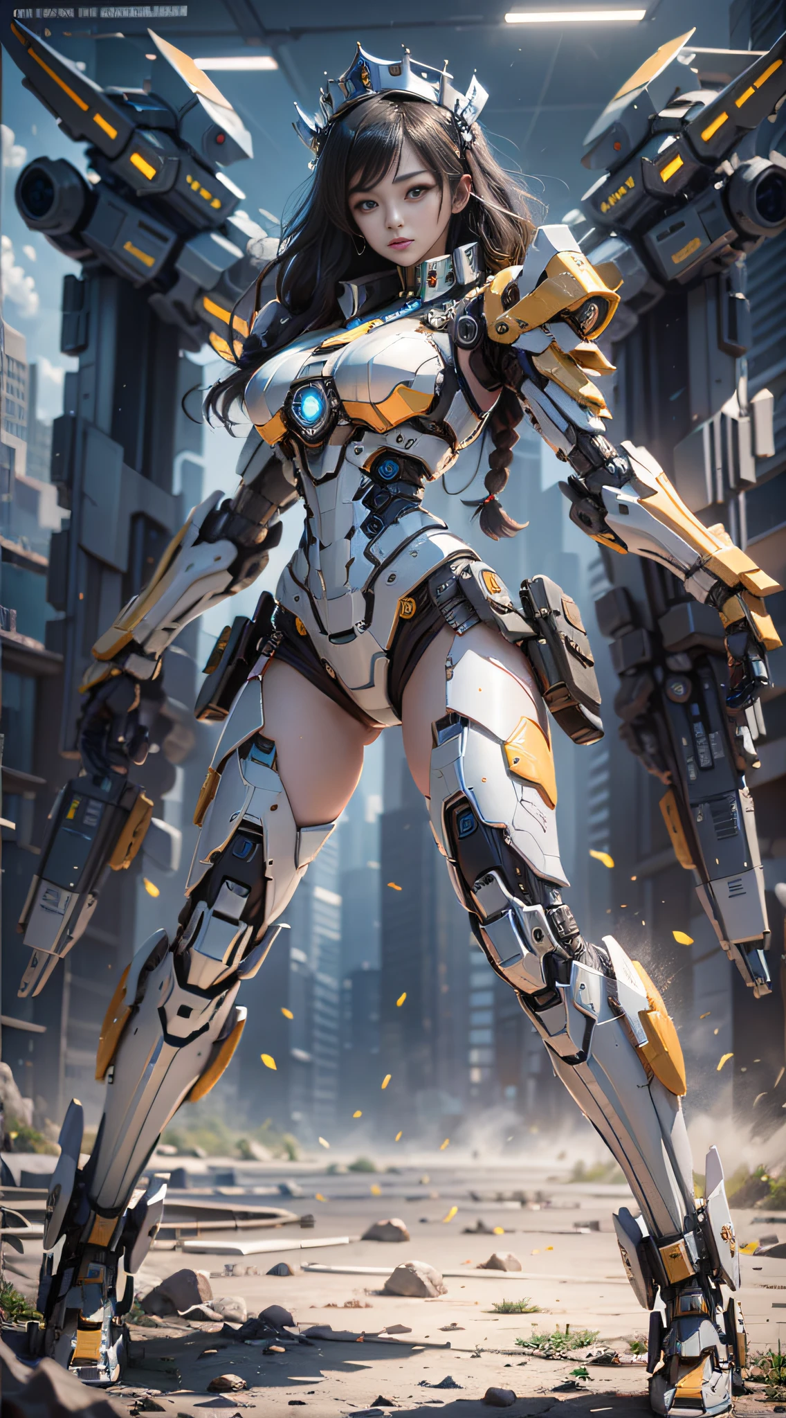 (Best Quality)), ((Masterpiece)), (Very Detailed: 1.3), 3D, master chef-mecha, Beautiful cyberpunk woman wearing crown, with master chef style armor, sci-fi technology, HDR (High Dynamic Range), ray tracing, nvidia RTX, super resolution, unreal 5, subsurface scattering, PBR texture, post-processing, anisotropic filtering, depth of field, maximum sharpness and sharpness, multi-layer texture, Specular and albedo mapping, surface shading,  accurate simulation of light-material interactions, perfect proportions, octane rendering, duotone lighting, low ISO, white balance, rule of thirds, wide aperture, 8K RAW, high efficiency subpixels, subpixel convolution, light particles, light scattering, Tyndall effect, very sexy, full body, battle pose, black hair with braids,