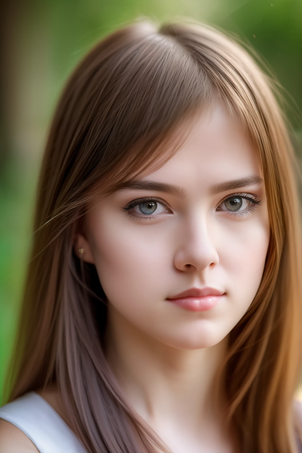 Hermoso retrato de una niña, cabello largo y liso, Su rostro es melancólico y pensativo, mira a la cámara, fotografía, Estilo de los años 40, cara simétrica, ojos simétricos, enfoque suave, muy detallado, iluminación natural, rastreo de camino, iluminación especular, cabello trazado, mapeo de sombras, mapa de brillo, al estilo de Leah Robinson