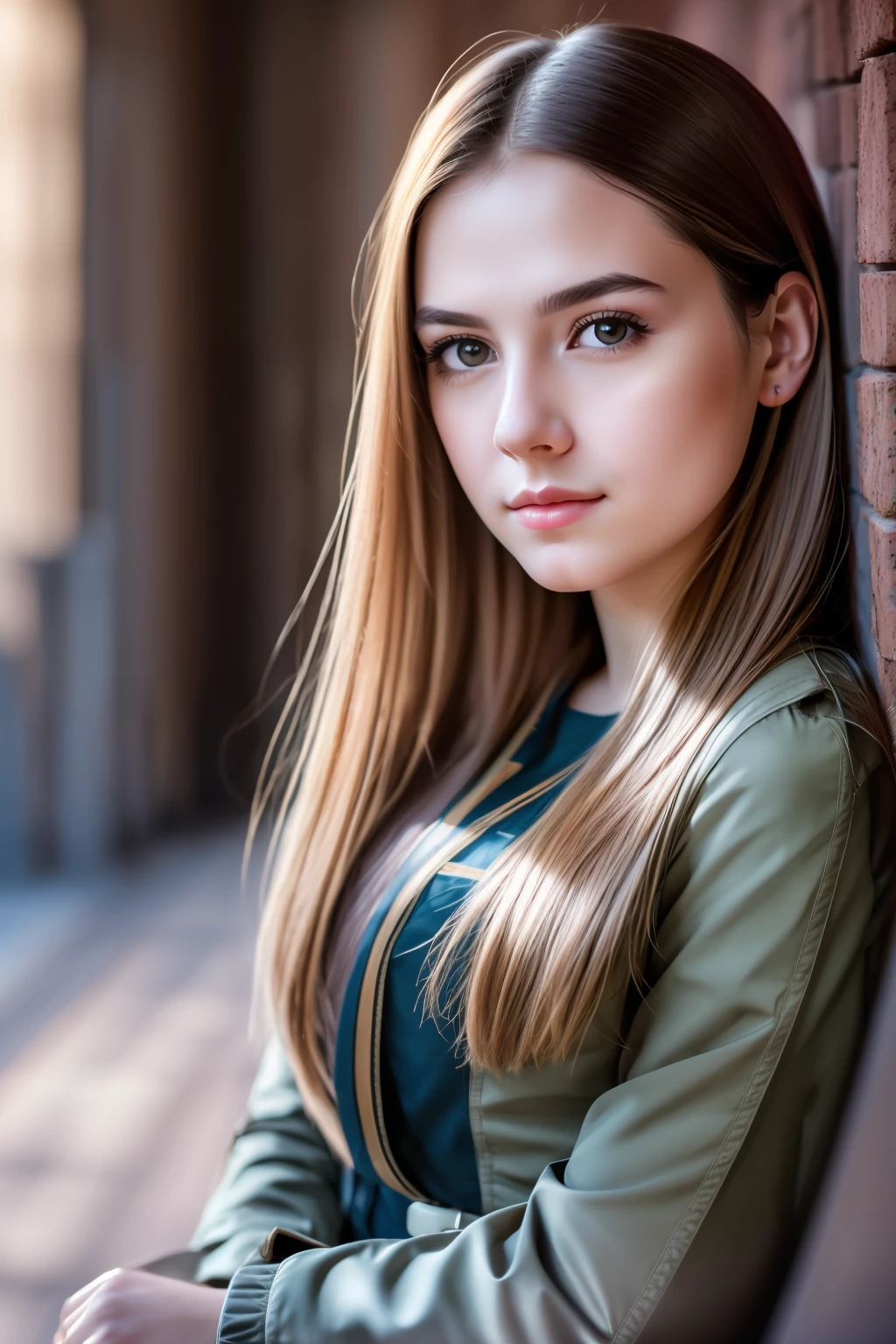 Hermoso retrato de una niña, cabello largo y liso, Su rostro es melancólico y pensativo, mira a la cámara, fotografía, Estilo de los años 40, cara simétrica, ojos simétricos, enfoque suave, muy detallado, iluminación natural, rastreo de camino, iluminación especular, cabello trazado, mapeo de sombras, mapa de brillo, al estilo de Leah Robinson