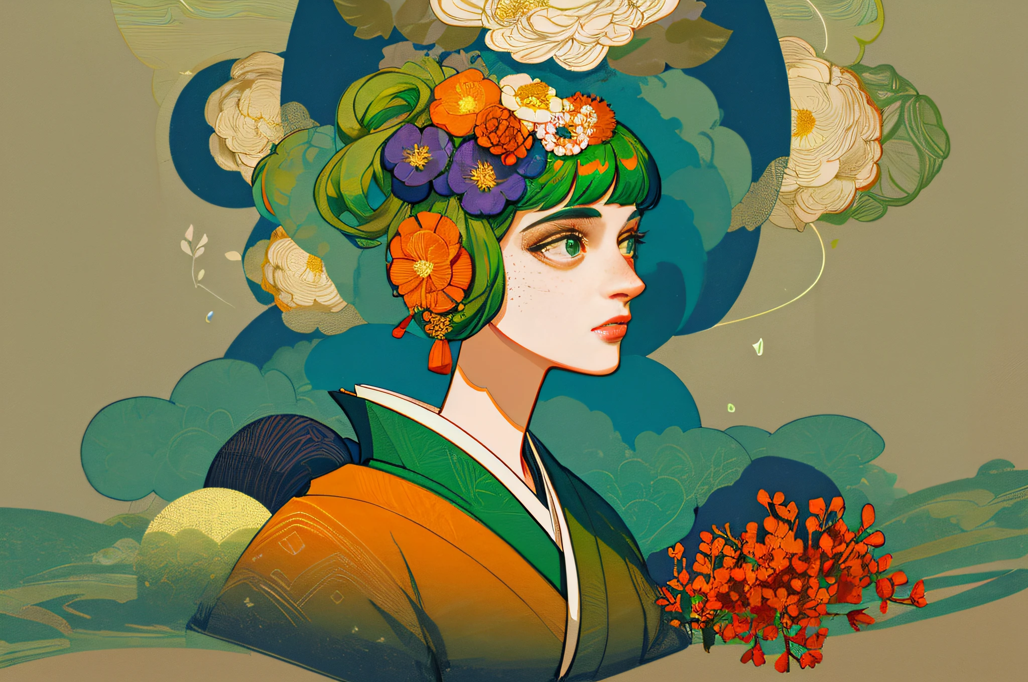 (Masterpiece)), ((Ultra Detailed)), (Best Quality)), Beautiful Detailed Eyes, Detailed Face, Best Lighting, Best Shadows, 1 Front Bust Girl, Solo, ((Classic Disney Style, Edge Lighting, Flat 2D Style, Disney 2D)), ((The main colors are orange and green)), Huge flowers, (Girl inside the flowers:1.5), Botanical Island,Botanical Paradise, World Made of Flowers, Freckles, Cold Nose, (((Flowers)), Japanese Inspiration, (highly detailed), vortex effect, A3,