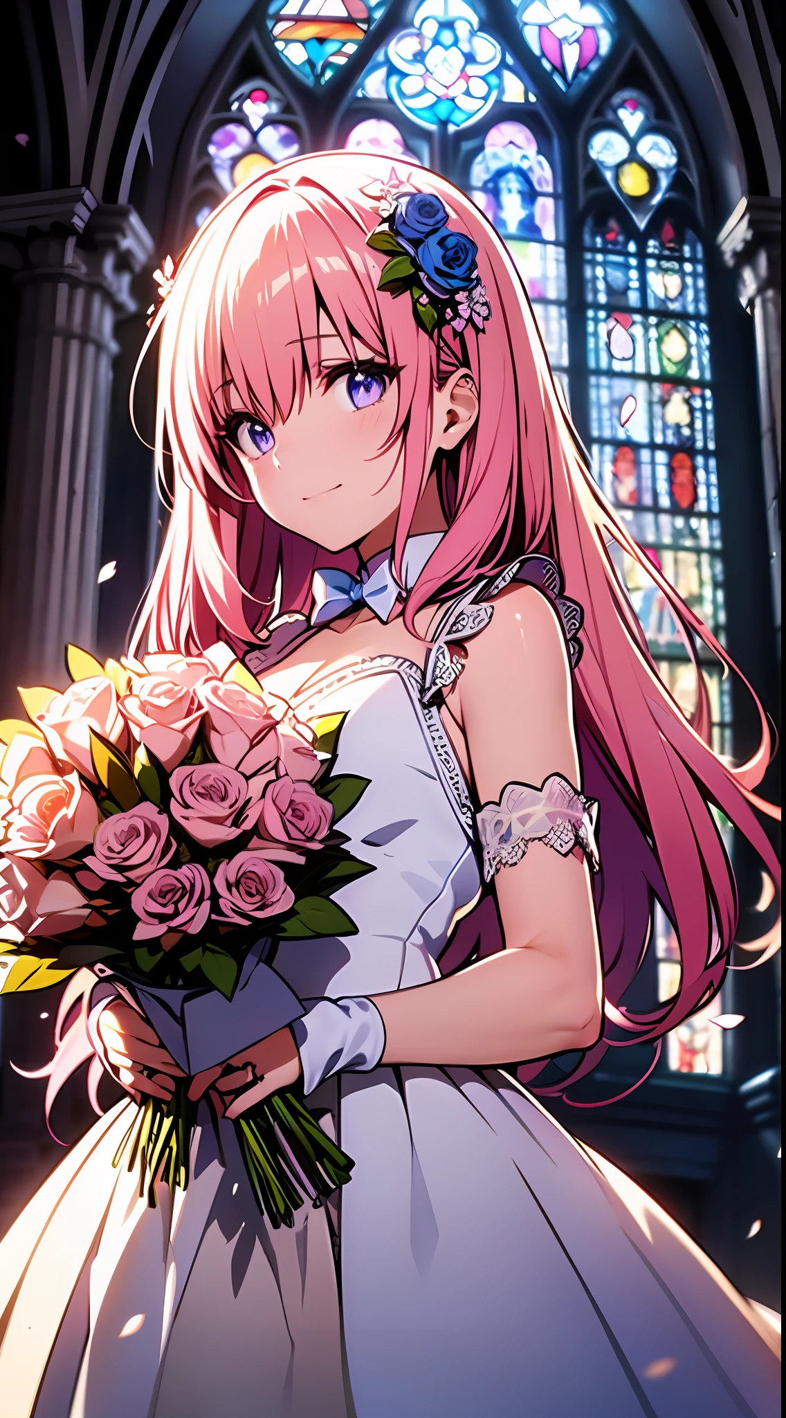 A maiden holding a bouquet: 1.2), momohd, wearing a wedding dress, (wedding dress: 1.1), glowing eyes, floating hair, holding a bouquet, (faint smile: 1.3), magical girl, (church), stained glass background, rose petals, fantasy, looking at the audience, (masterpiece, flat color, color: 1.0), (best quality: 1.2), (high precision: 1.1), 8k resolution, rich detail, perfect light and shadow, clear background