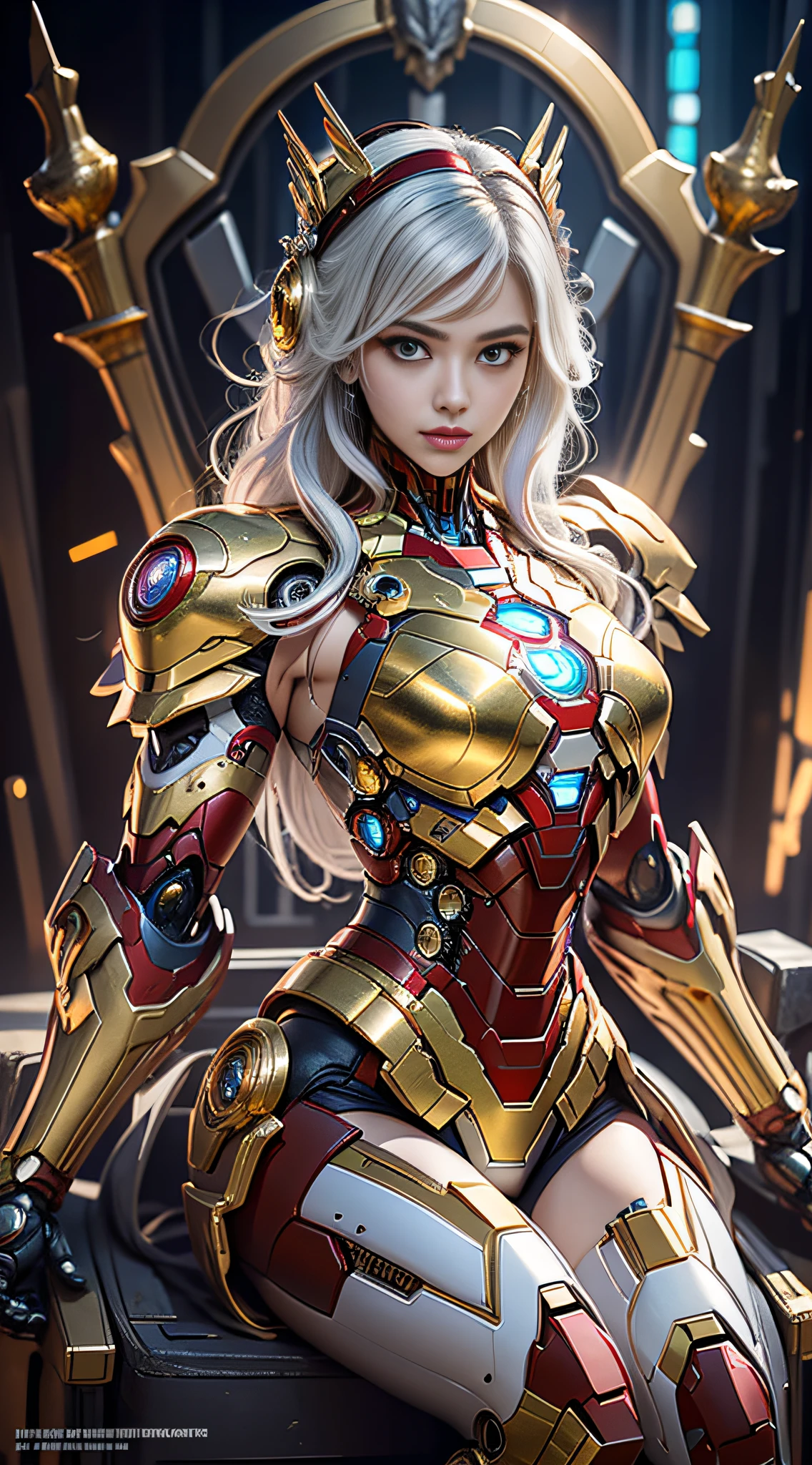 Cyberpunk style mecha Marvel Movie Iron Man Saint Seiya Kamen Rider Queen sitting on throne, ancient technology, ancient legends, white hair (white stockings: 1.5) (Throne: 1.4), sword, (mecha God of War), Egyptian style, (Saint Seiya: 1.7), Taoist symbols, (dragon pattern: 1.6), (gold thread: 1.5) ultra-realistic, Boca effect, shot in the style of David La Chapelle, bioluminescent palette: lilac, pale gold, bright white, ultra-fine, cinematic still life, vibrancy, Unrealistic engine style, Sakimichan, lower chest, perfect eyes, highest image quality 16K, inspired by Harry Winston, shot on Canon EOS R 6, masterpiece, --Chaos 50, gray hair, crown, mole under the eyes, gitchham, wide angle, canon, from above, projection illustration, ray tracing, surrealism, textured skin